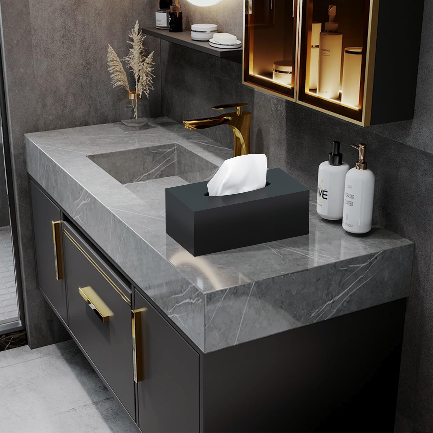 Acrylic Tissue Box Holder, Pitbvo Rectangular Shiny Black Tissue Box Cover, Table Dryer Sheet Dispenser For Car, Bathroom, Bedro