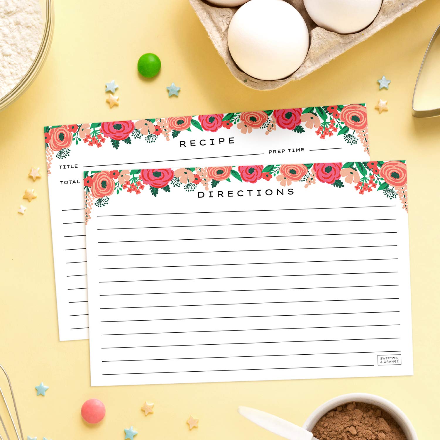Sweetzer & Orange 4X6 Recipe Cards. Set Of 50X Floral, Blank Recipe Cards 4X6 Inches Double Sided. Large Recipe Index Card Fits
