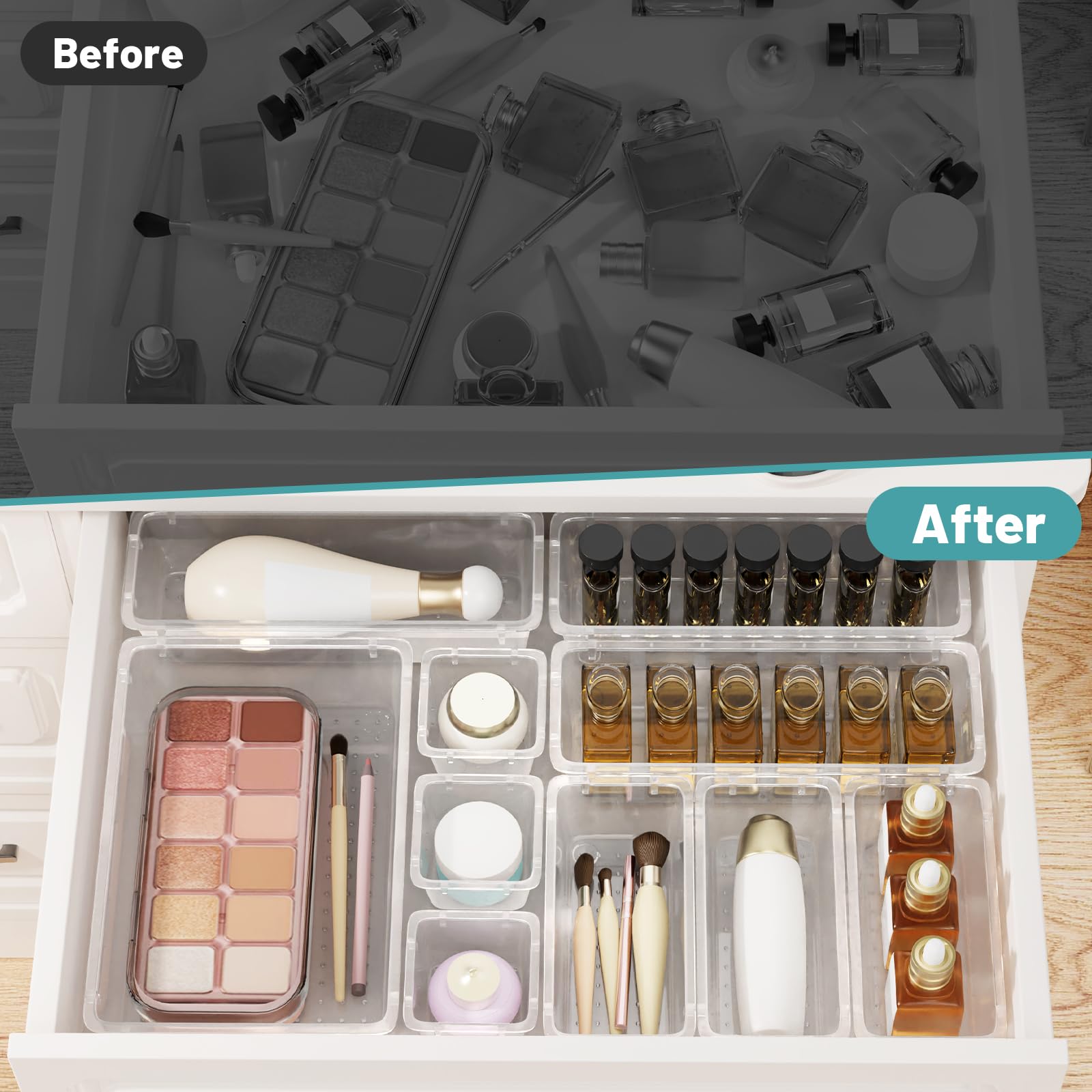 WOWBOX 32 PCS Clear Plastic Drawer Organizer Set, 4 Sizes Desk Drawer Organization and Storage Containers for Makeup, Cosmetics,