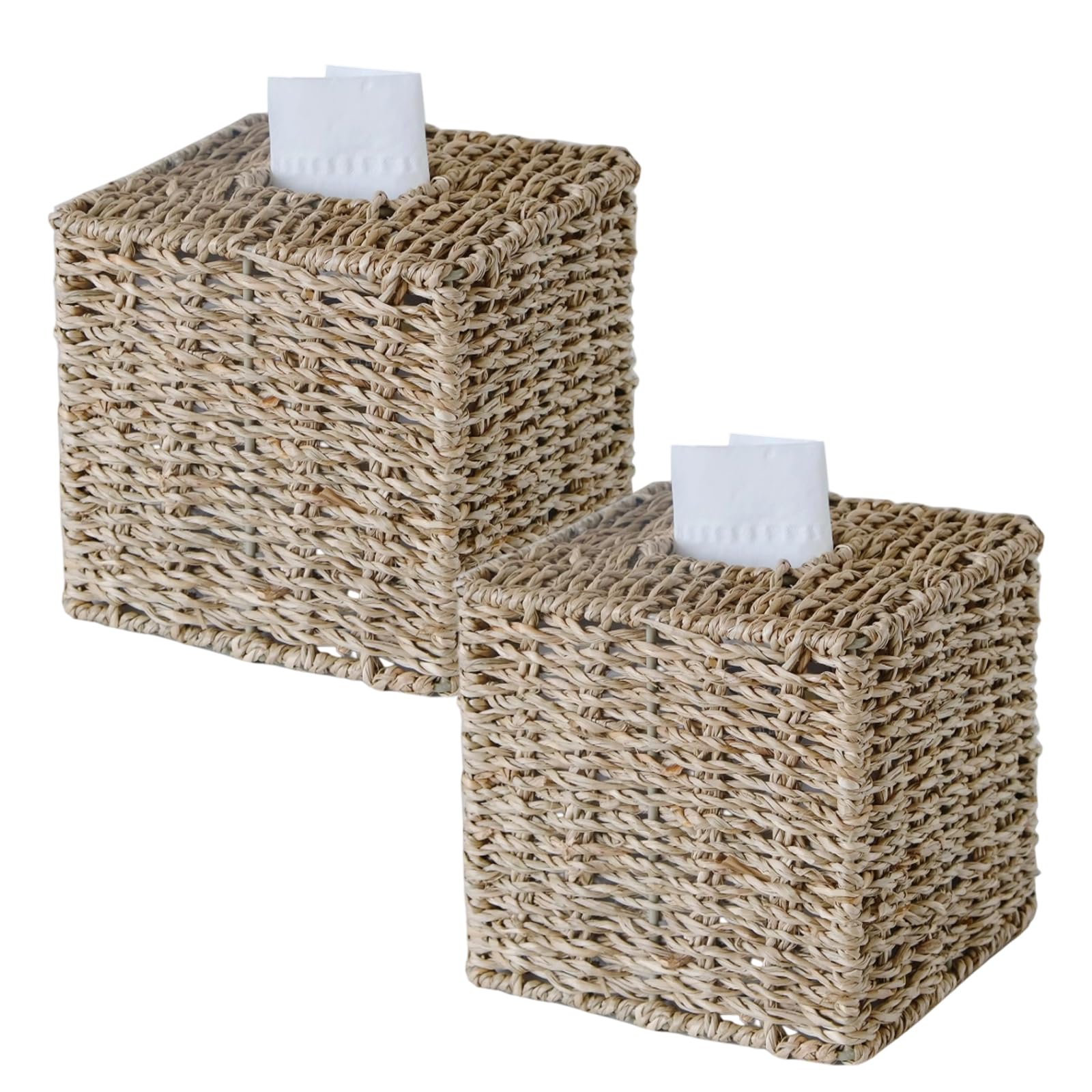 2 Pack Seagrass Tissue Box Cover, Wicker Tissue Box Holder Square, Hand Woven Cube Tissue Box Cover Tissue Holder for Bathroom L