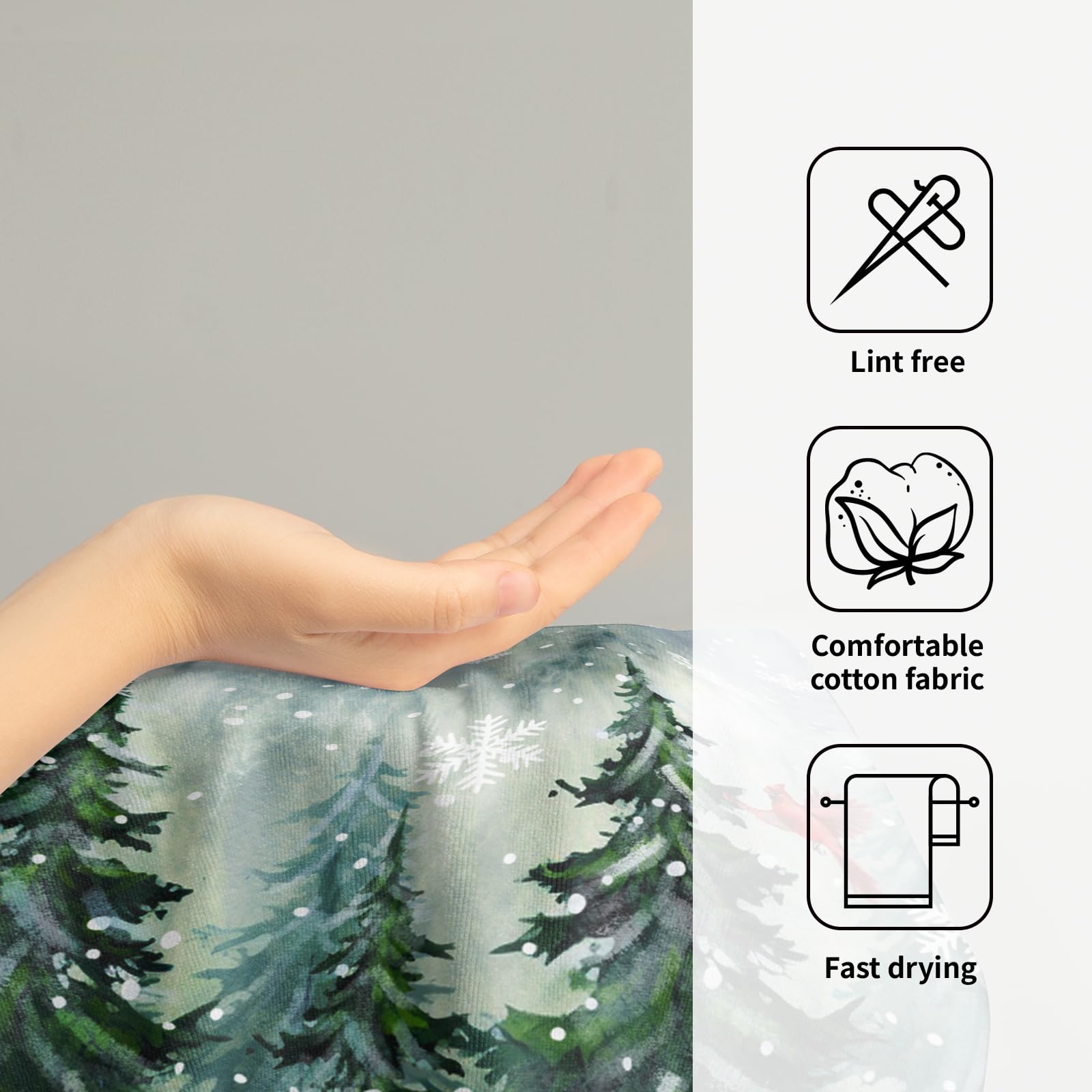 Winter Watercolor Tree Hand Towels For Bathroom 2 Packs Christmas Dark Green Pine Trees Kitchen Towels Misty Forest Cardinal Hol