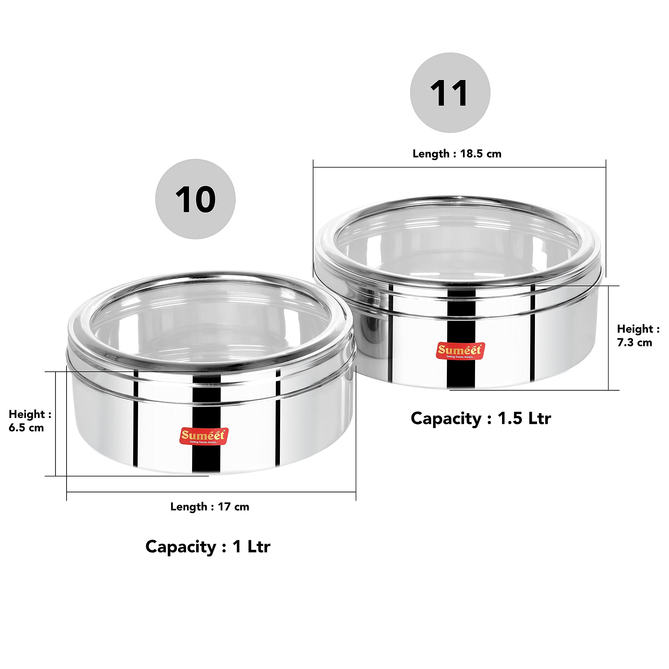 Sumeet Stainless Steel Flat Canisters/Puri Dabba/Storage Containers With See Through Lid Set Of 2Pcs (1Ltr, 1.5Ltr)