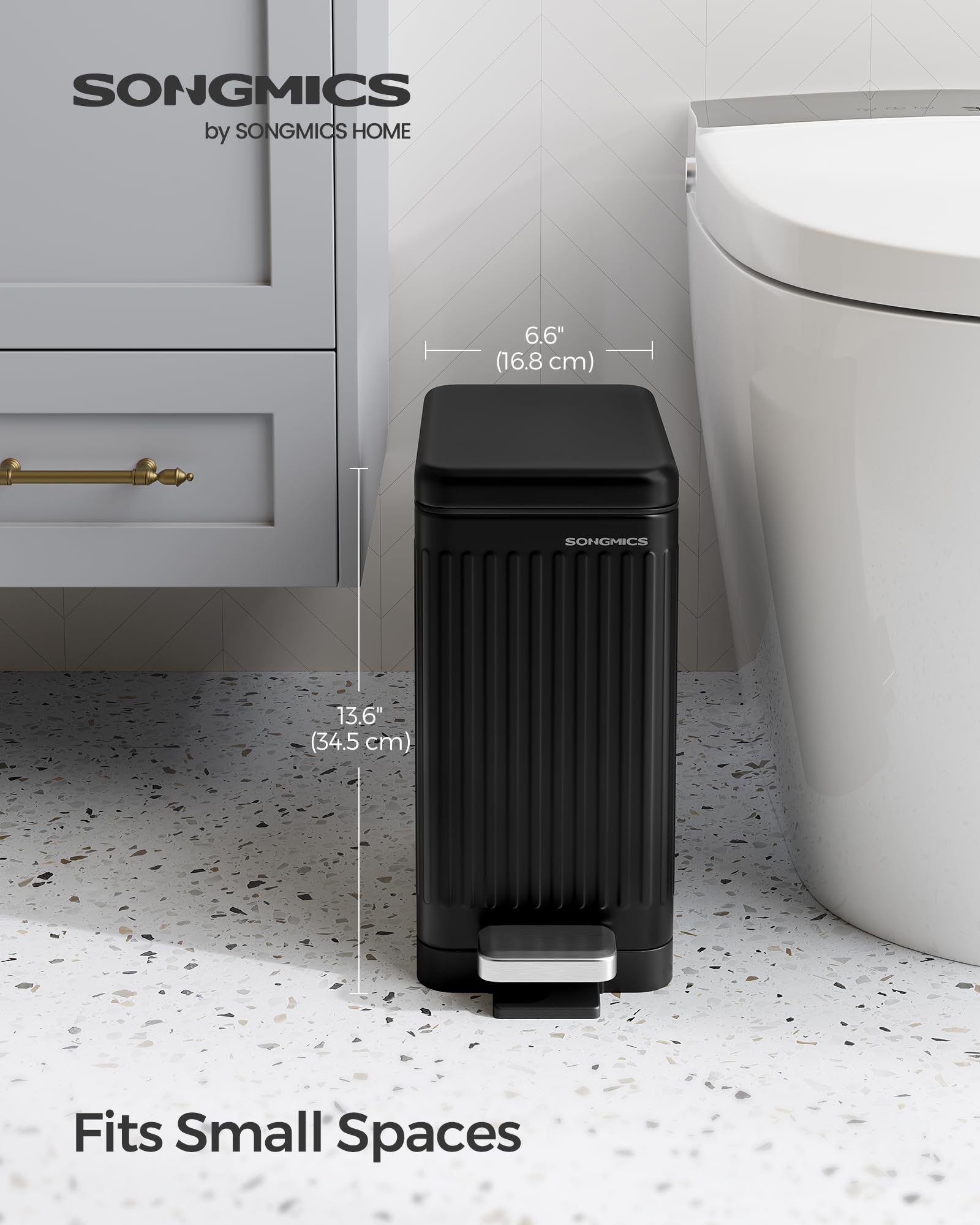Songmics Bathroom Trash Can, 2.6-Gallon (10 L) Trash Bin With Lid, Slim For Small Spaces, Stainless Steel Garbage Can, Soft Clos
