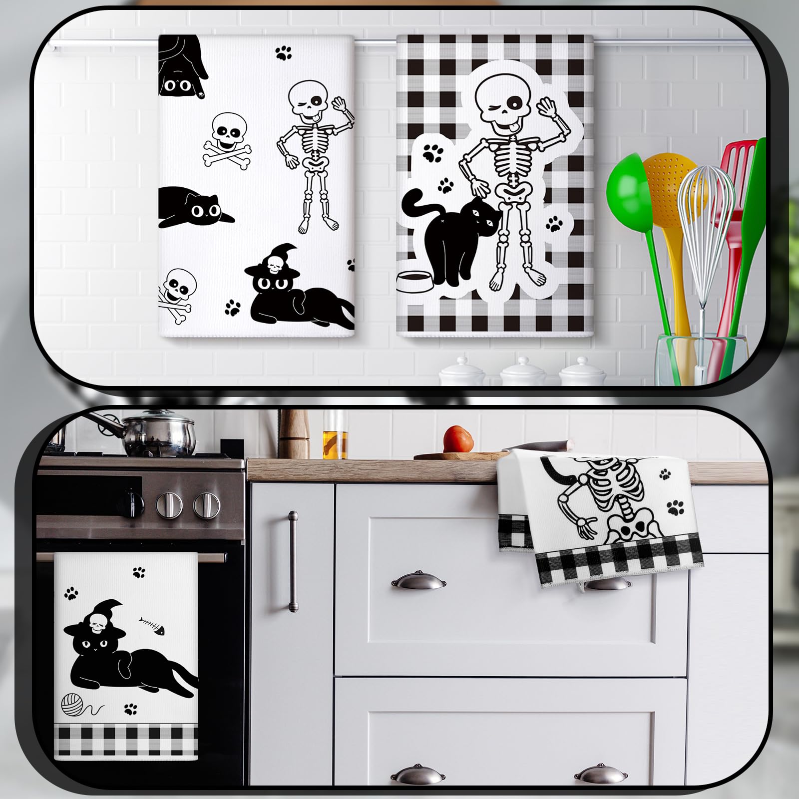 Bencailor 6 Pcs Spooky Christmas Kitchen Towels Cute Skull Black Cat Gothic Christmas Dish Hand Towels Skeleton Tea Washcloth fo