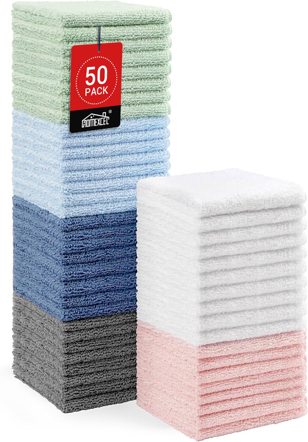 Homexcel Microfiber Washcloths 50 Pack, Highly Absorbent And Soft Face Towel, Multi-Purpose Wash Cloths For Bathroom, Hotel, Spa