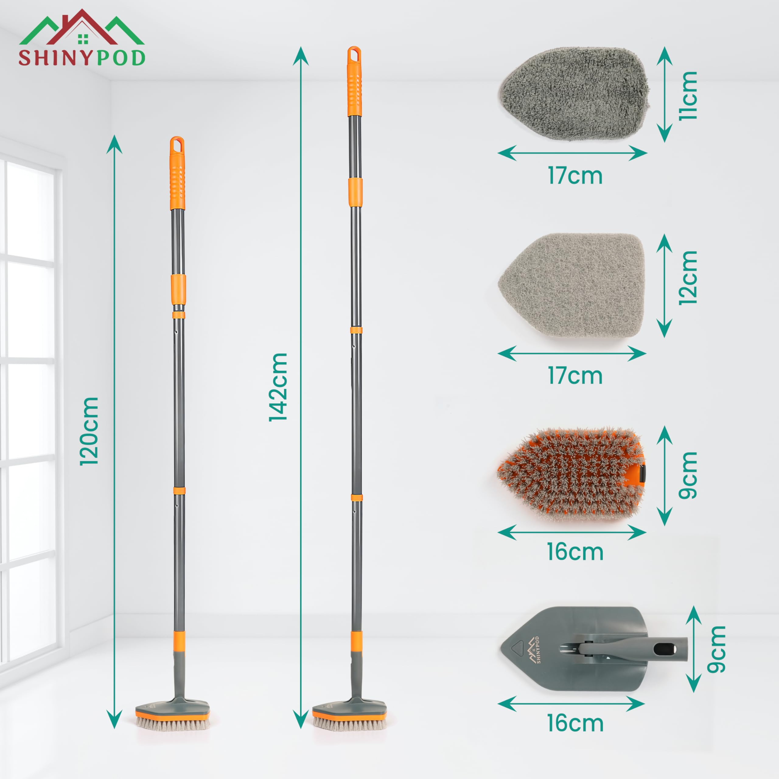 Shinypod Floor Cleaning Brush With Long Handle, Combo Of Microfiber & Scrubbing Pads For Bathroom Tiles, Glass Windows  Wall Cle