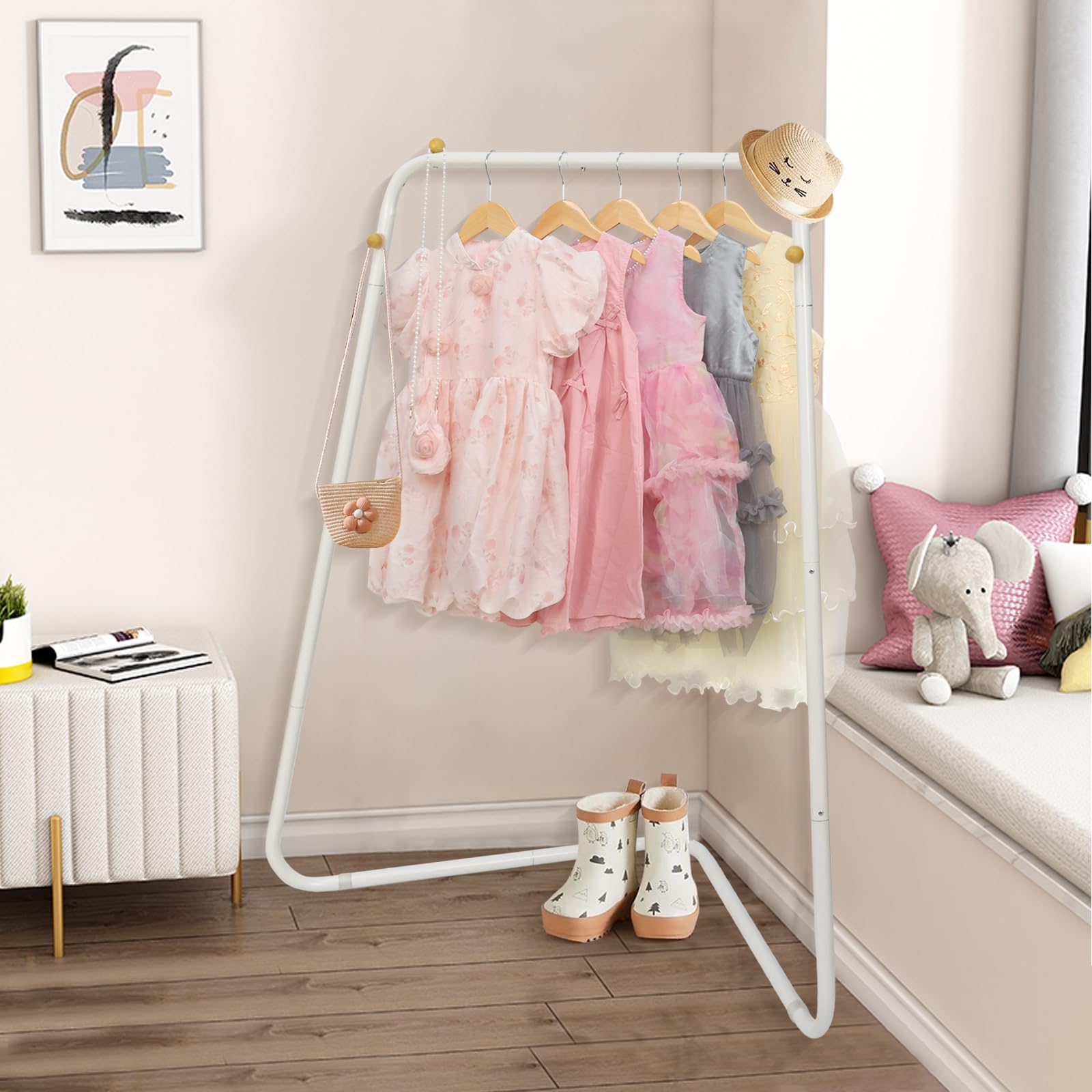 YGJT Kids Clothing Corner Rack, Dress Up Storage for Little Girls with Bottom Storage Shelf, Cute Toddler Wardrobe Cloest Garmen