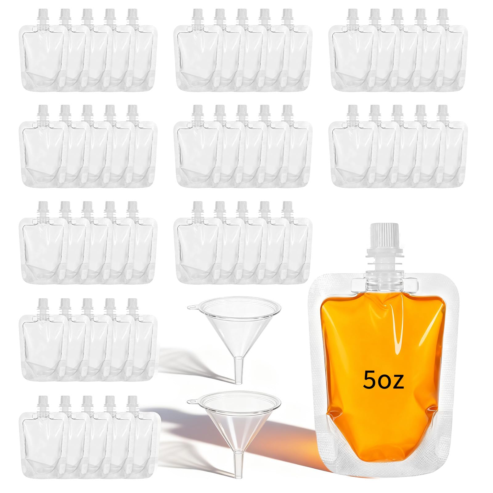 100 Pcs Plastic Drink Pouches Bulk, 5 oz Reusable Drink Pouches with Funnel, Leakproof Squeeze Juice Pouch for Travel, Clear Spo