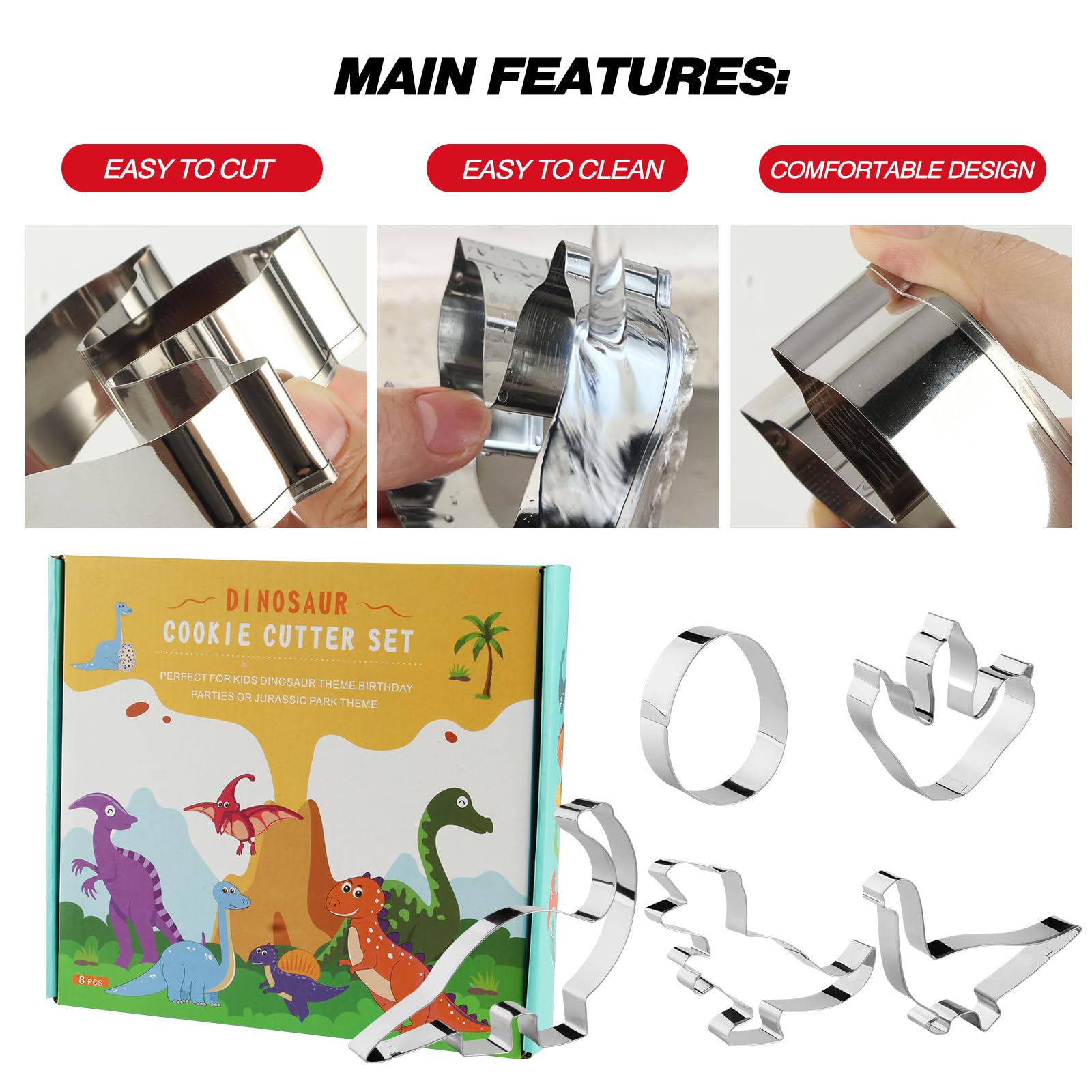 RUNHUAPPY Dinosaur Cookie Cutters Set of 8 - Stainless Steel Baking Molds for Kids - Triceratops, T-Rex, Stegosaurus, Silver