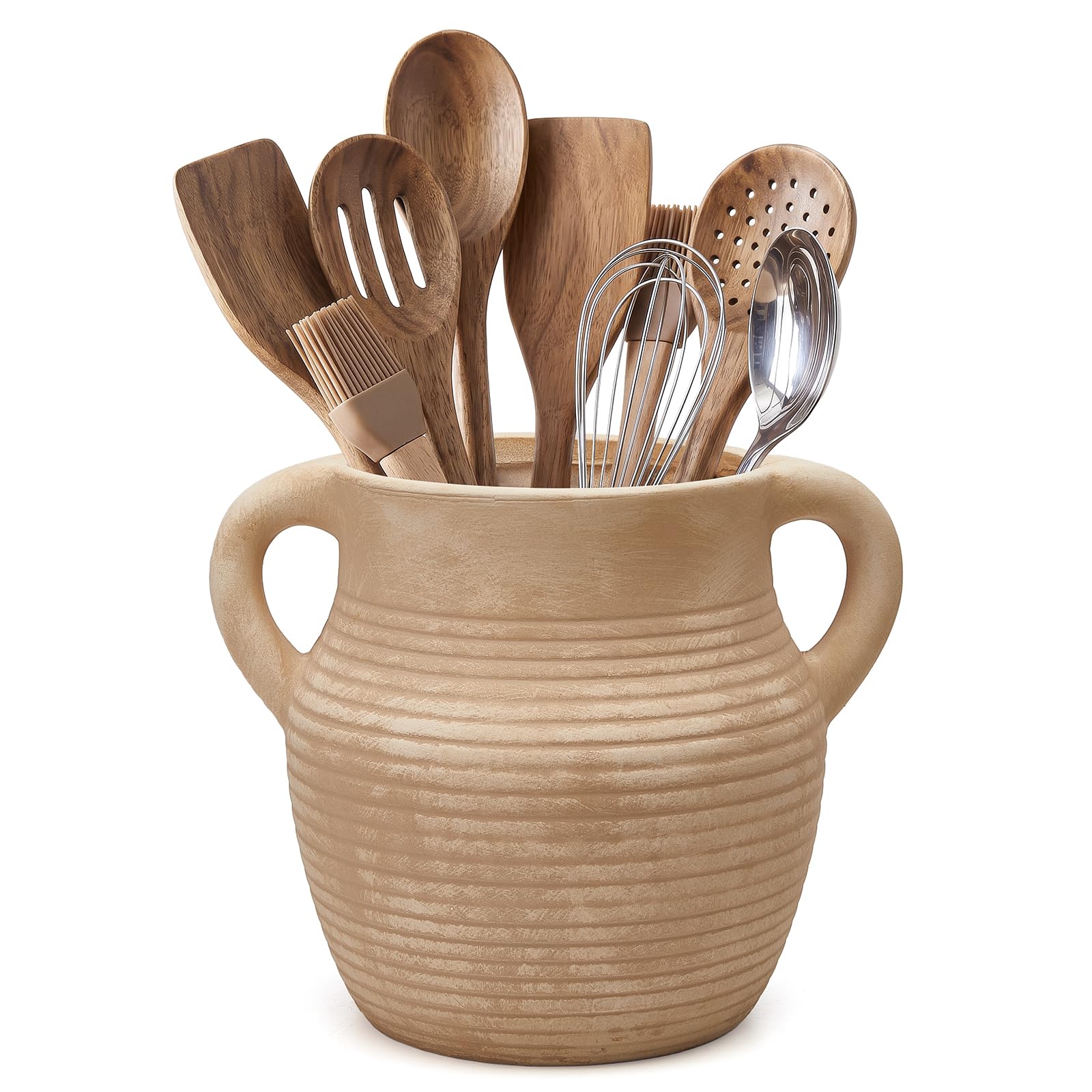 CWFutwell Rustic Utensil Holder for Kitchen Counter  Ceramic Farmhouse Cooking Utensil Crock & Organizer for Spatula, Spoon  V