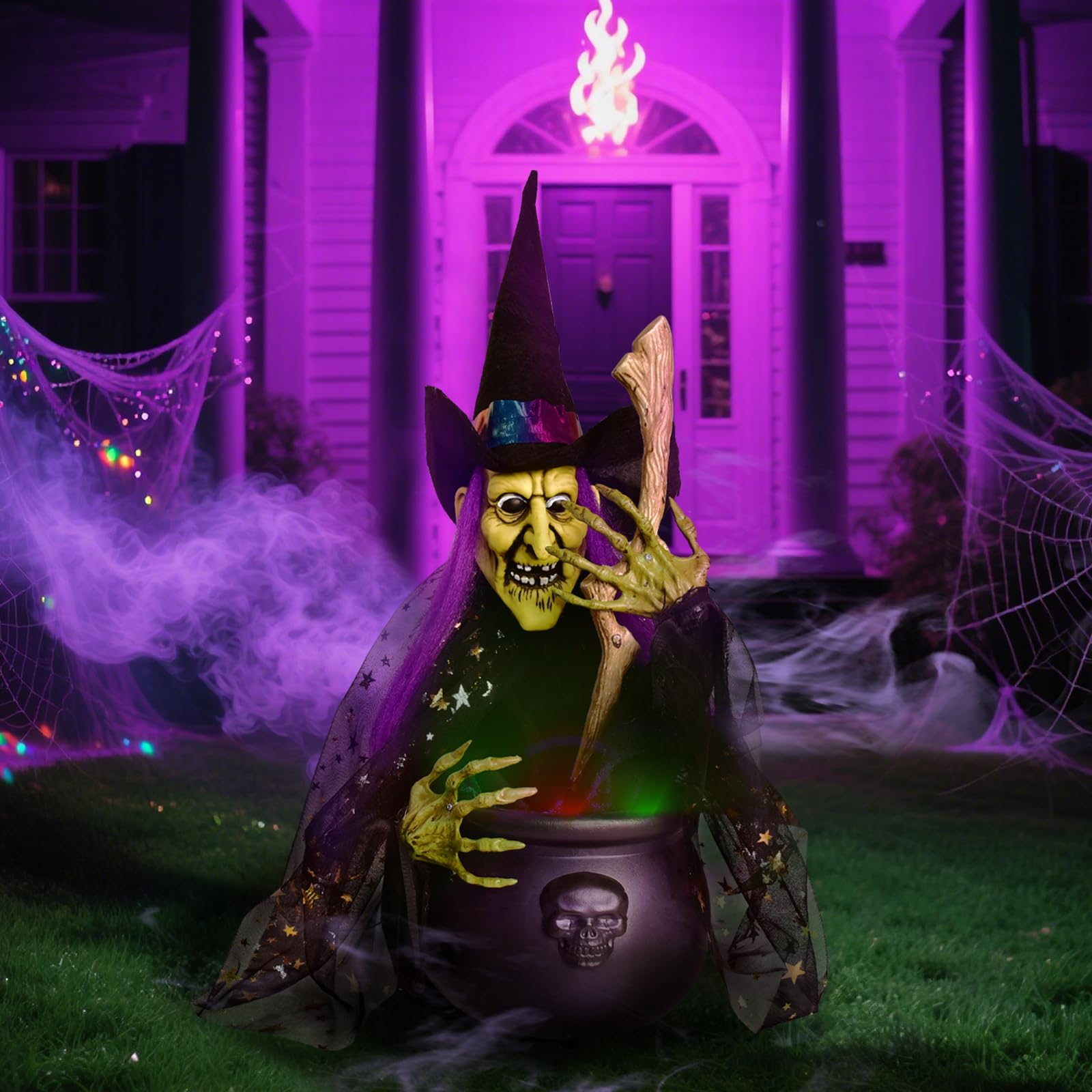 Halloween Decorations, 1.4 ft. Animated Witches with Light Cauldron Decoration, Touch and Sound Activated, Haunted House Witch P