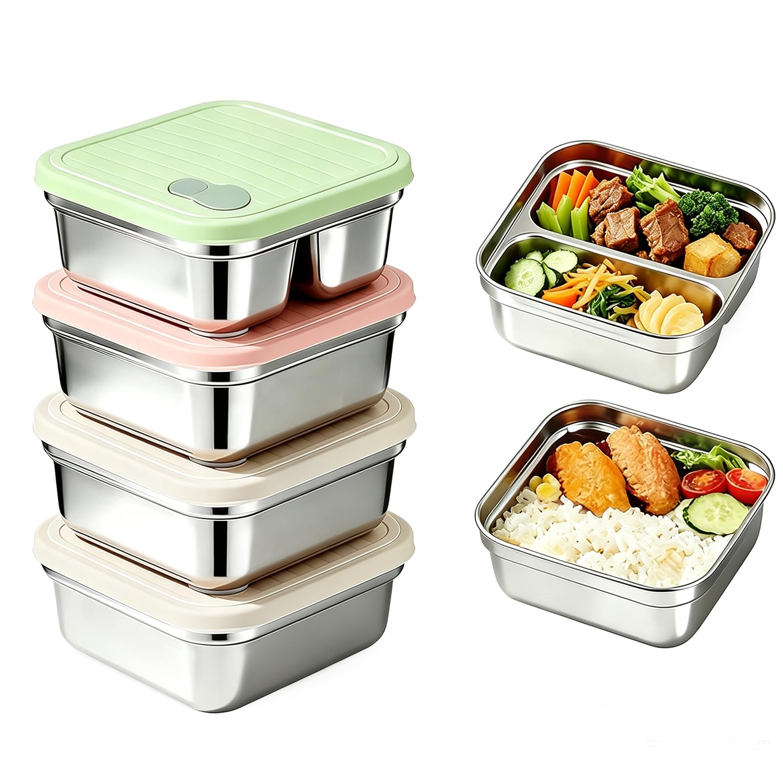 SZRUNZHU 304 Stainless Steel Lunch Box 20oz Sandwich Containers with Airtight Lids  Leakproof, Stackable, 4PC MultiCompartmen