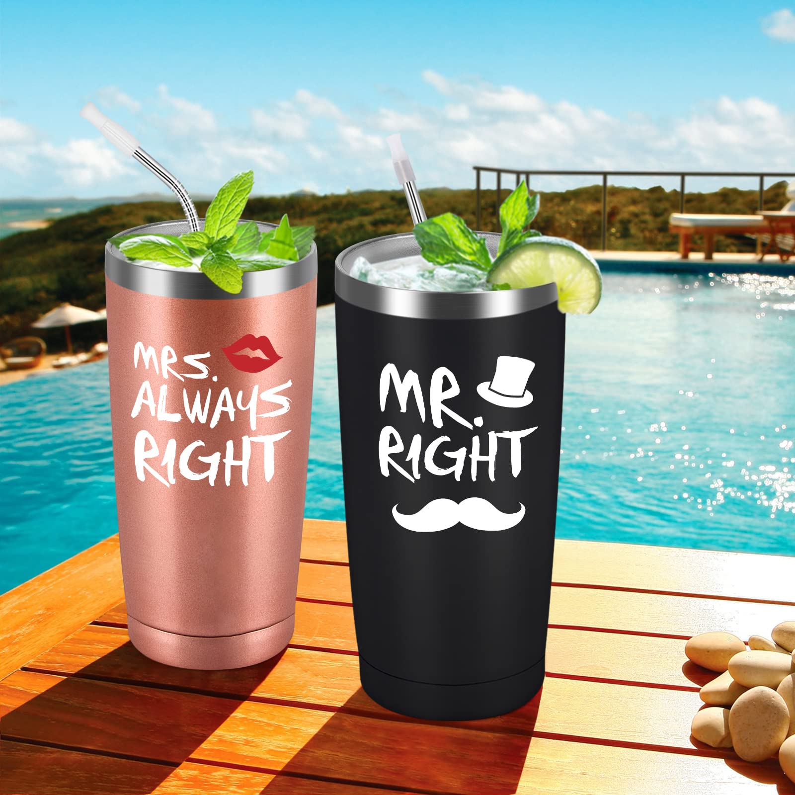 Qtencas Mr. Right Mrs. Always Right Travel Tumbler Set, Wedding Engagement Gifts For Husband Wife Newlywed Couples Bride Groom A