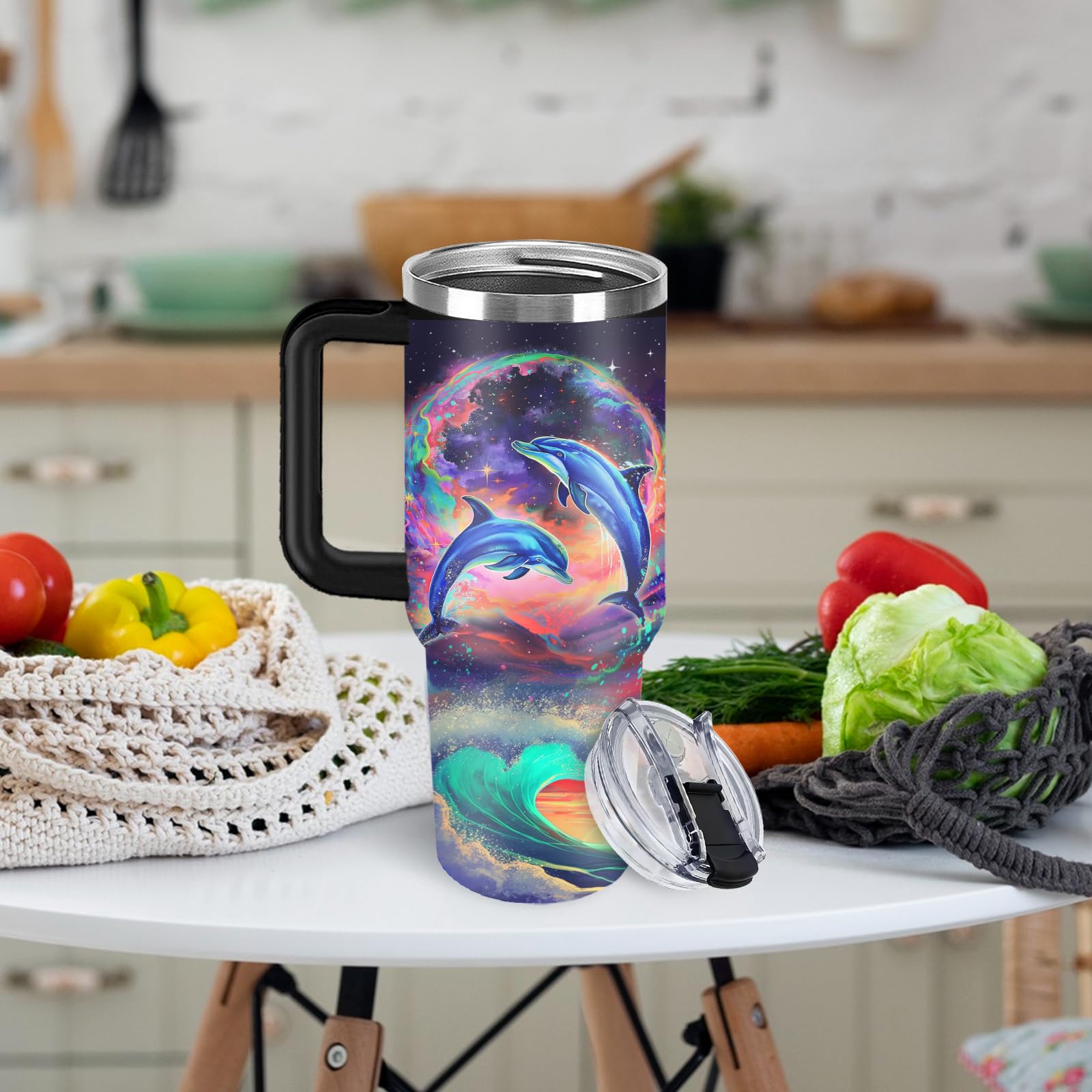 HYMONA Dolphin Tumbler 40 OZ Ocean Themed Vacuum Insulated Travel Mug, Blue Ocean Dolphin Gift Coffee Cup for Marine Lovers Chri