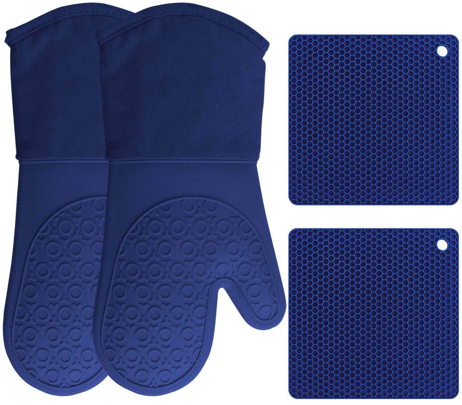 Silicone Oven Mitts And Pot Holders, 4-Piece Set, Heavy Duty Cooking Gloves, Kitchen Counter Safe Trivet Mats, Advanced Heat Res