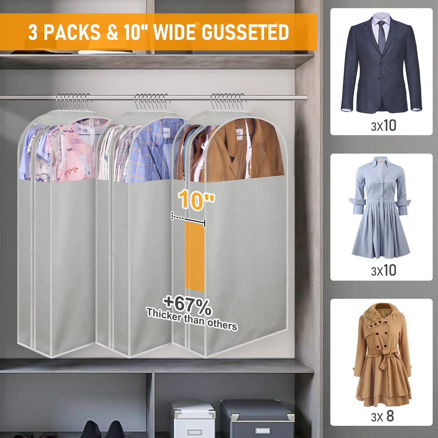 MISSLO 10'' Gussetes Garment Bags for Hanging Clothes 40'' Clear Suit Bags for Closet Storage Suit Cover Bags Coat Protector  3 Packs  Grey