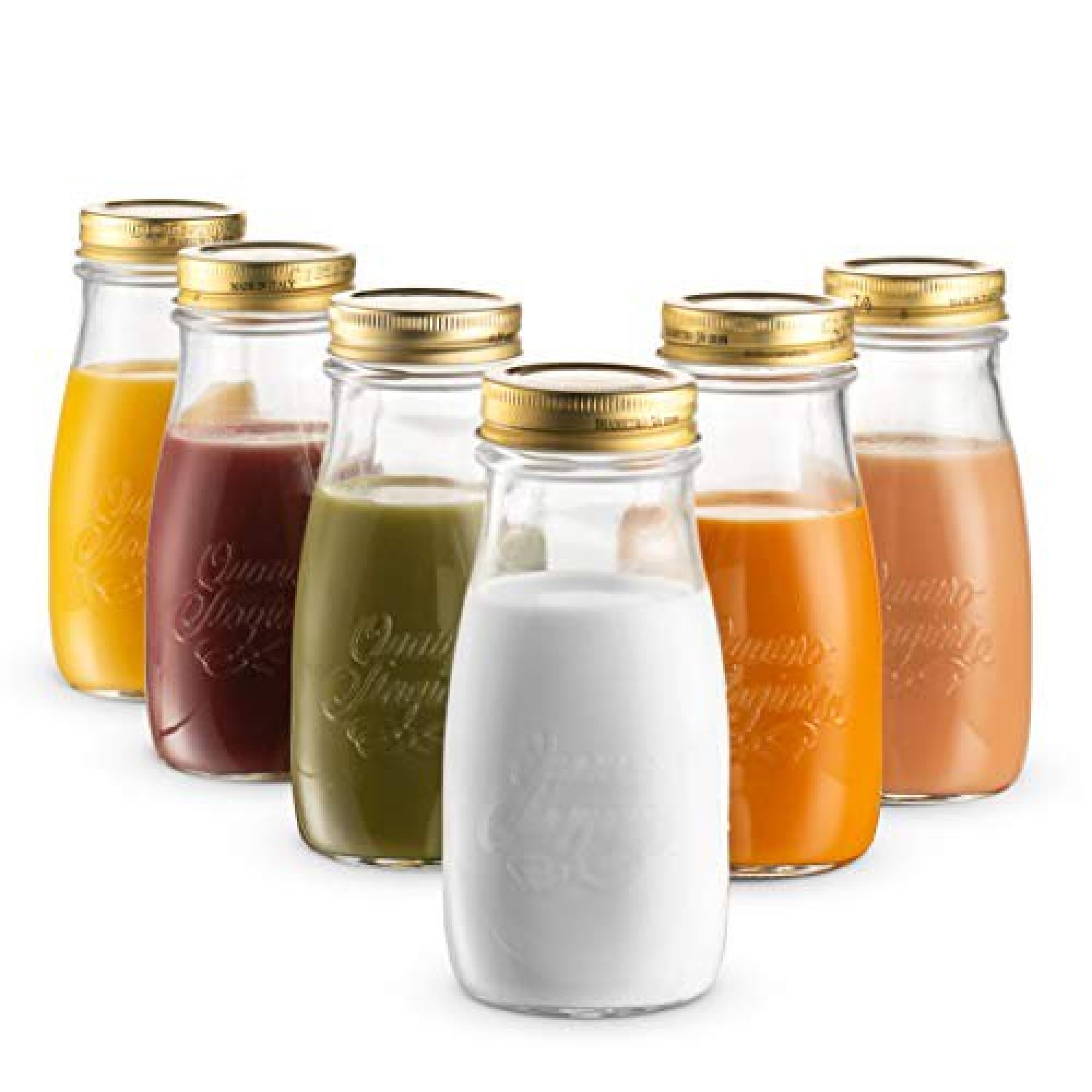 Bormioli Rocco Quattro Stagioni, Set Of 6, Glass Canning Mason Jars And Drinking Bottles, 13.5 Oz. With Gold Metal Airtight Lids