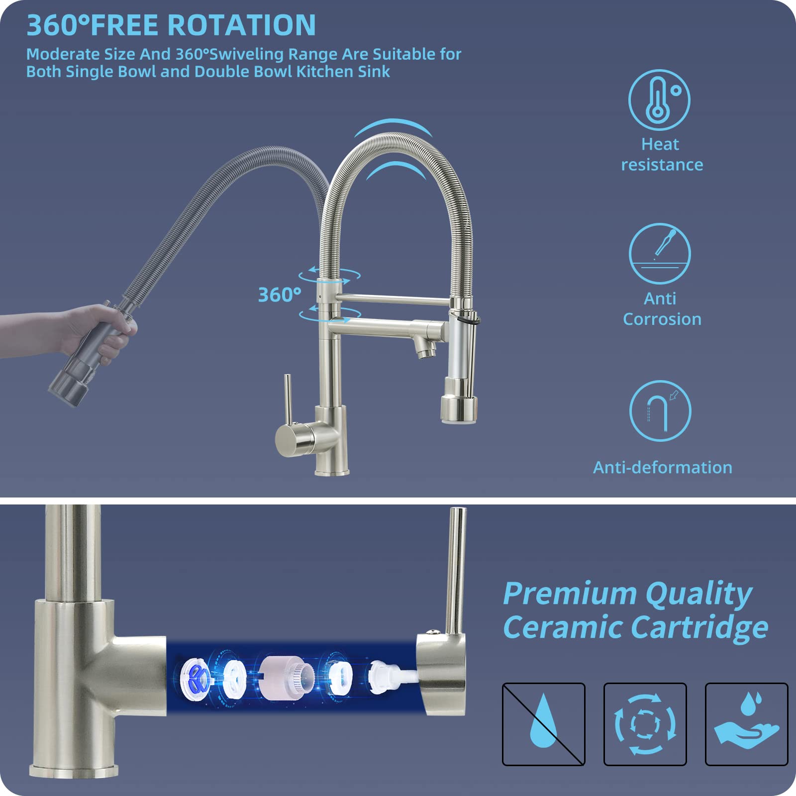 Fapully Pull Down Kitchen Faucet with Lock Sprayer Single Handle Spring Stainless Steel Kitchen Sink Faucet Brushed Nickel