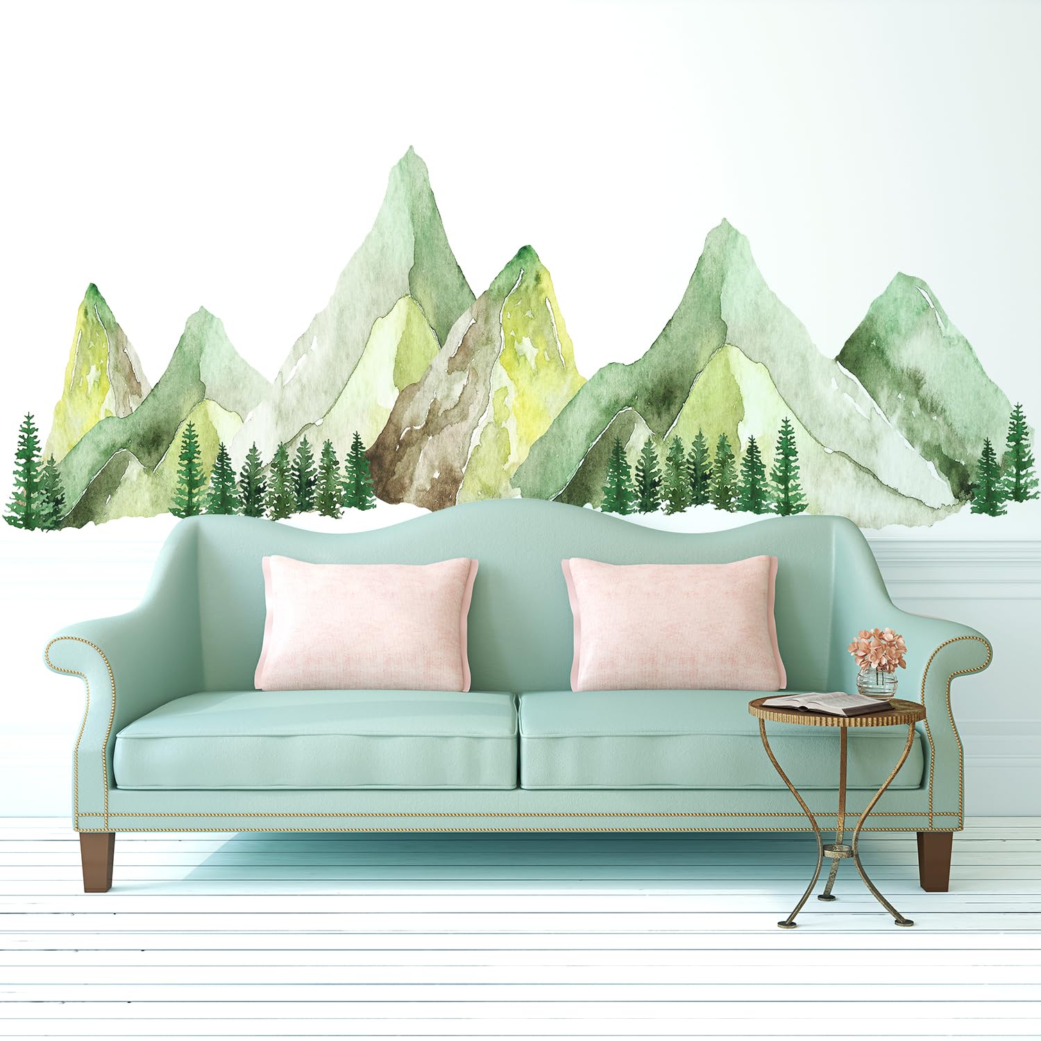 Kingarch Large Mountain Wall Decals, Green Pine Tree Peel And Stick Vinyl Wall Stickers & Murals, Removable Home Room Wall Decor