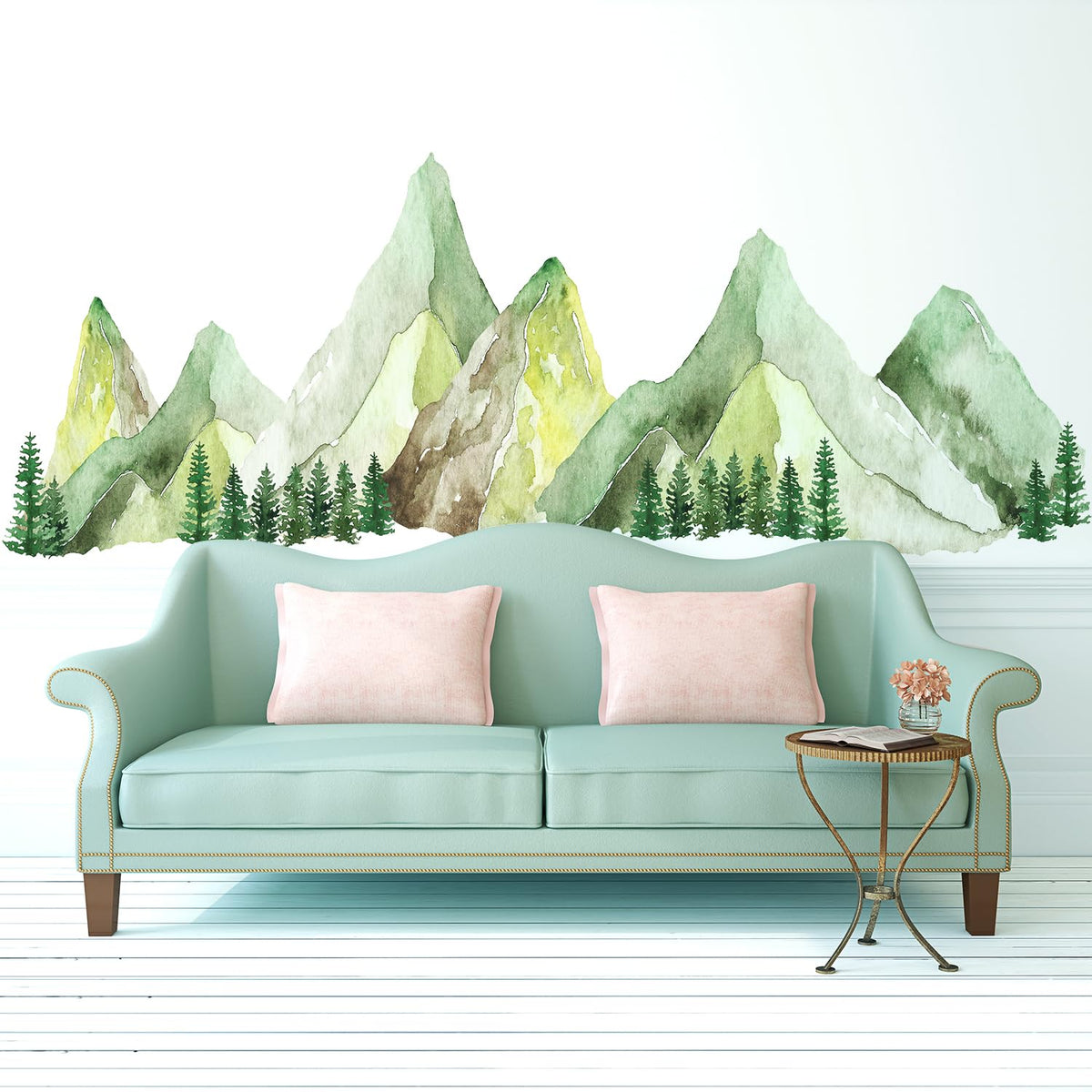 Kingarch Large Mountain Wall Decals, Green Pine Tree Peel And Stick Vinyl Wall Stickers & Murals, Removable Home Room Wall Decor