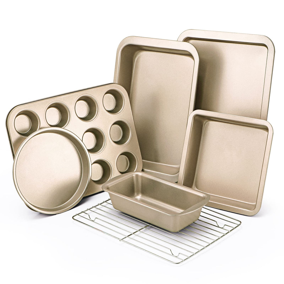 Kitessensu Baking Pans Sets, Nonstick Bakeware Set 8-Piece With Round/Square Cake Pan, Loaf Pan, Muffin Pan, Cookie Sheet, Roast