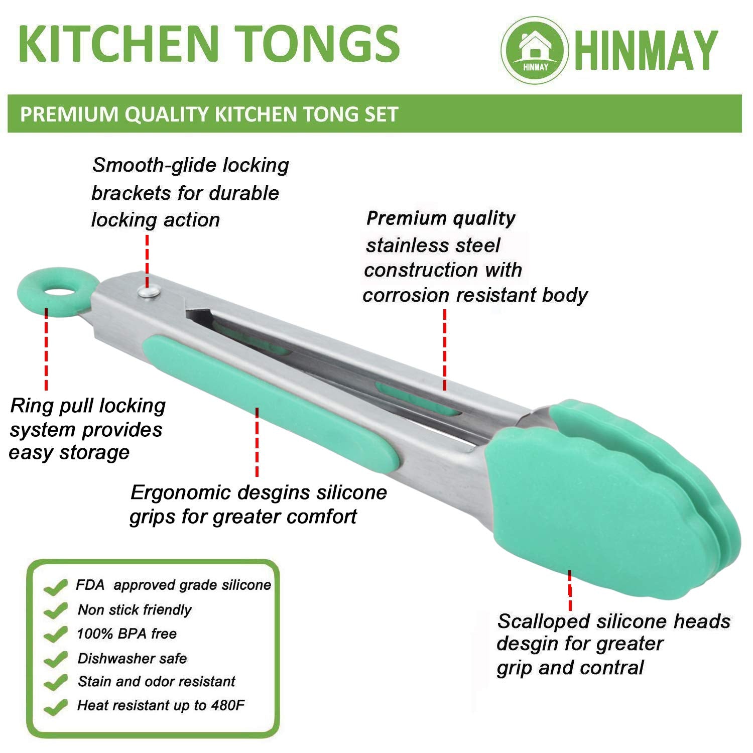 Hinmay Small Appetizer Tongs 7-Inch Silicone Tipped Kitchen Tongs, Set Of 3 (Mint)