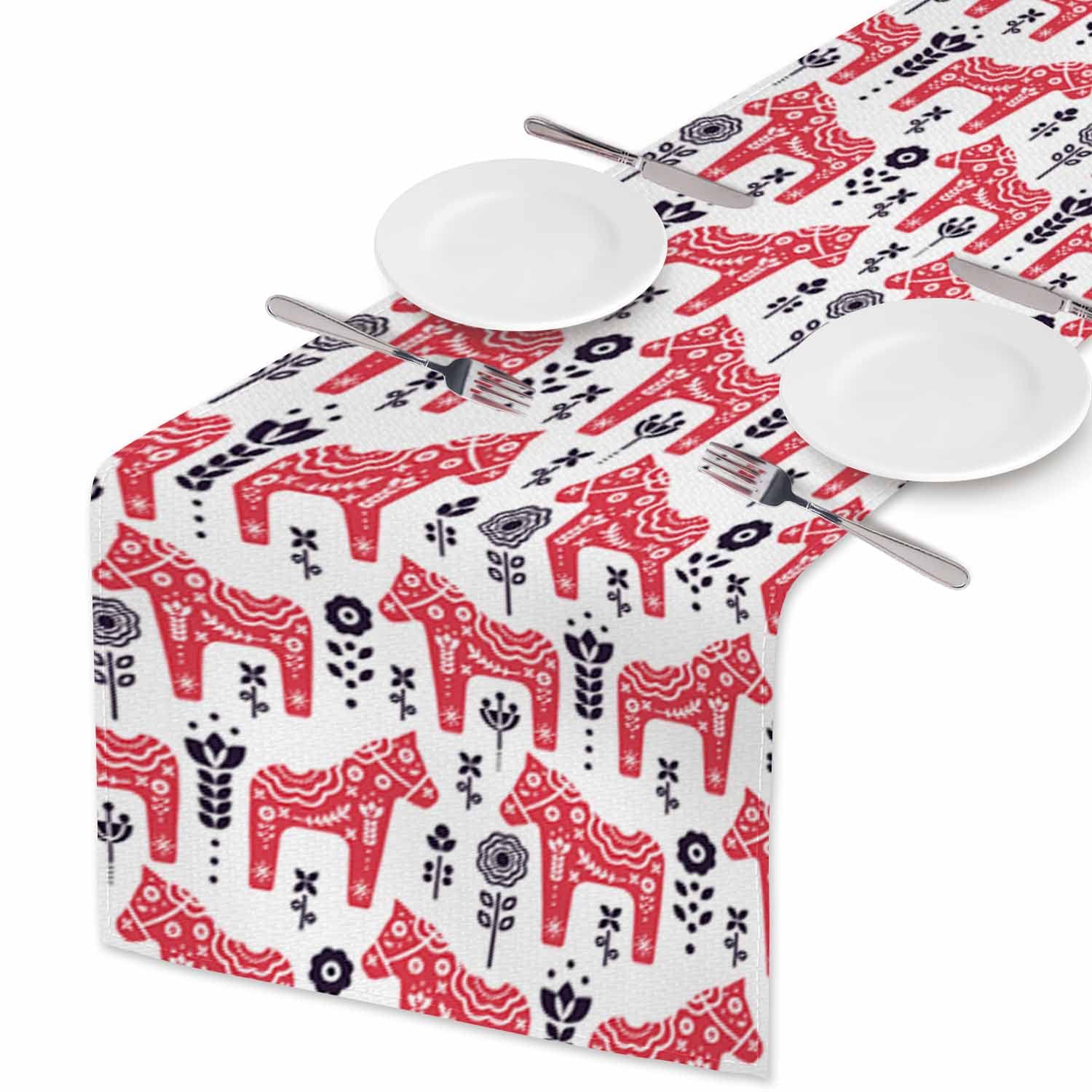 Hosnye Table Runner Red Folk Swedish Horse Floral,Cotton Linen Table Runner Decoration For Kitchen Family Dinner Table Holiday P