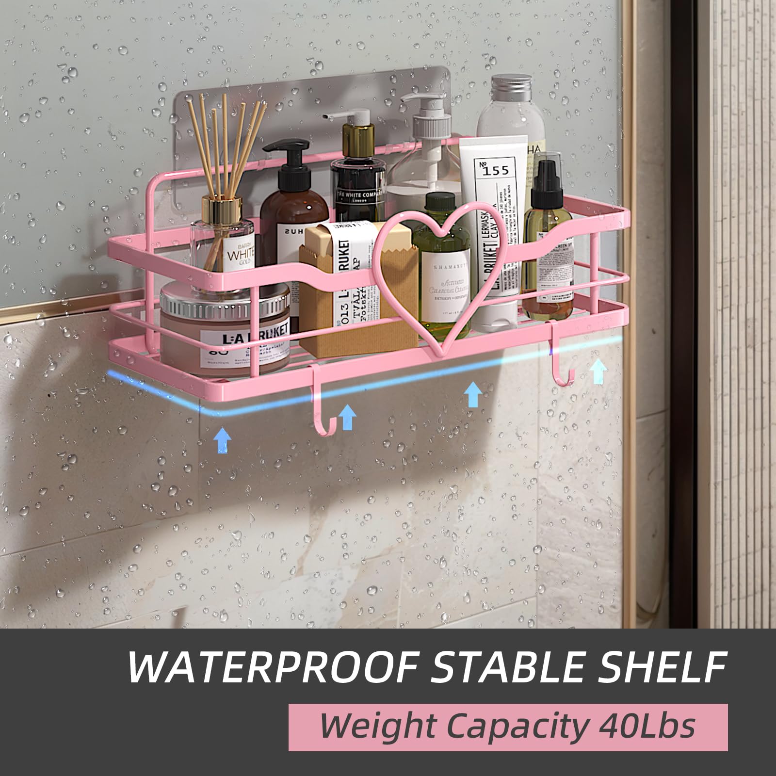 Flcity Pink Shower Caddy With 4 Removable Hooks, 2 Pack Sweet Heart Shower Shelves,No Drilling Adhesive Organizer Shelf For Bath