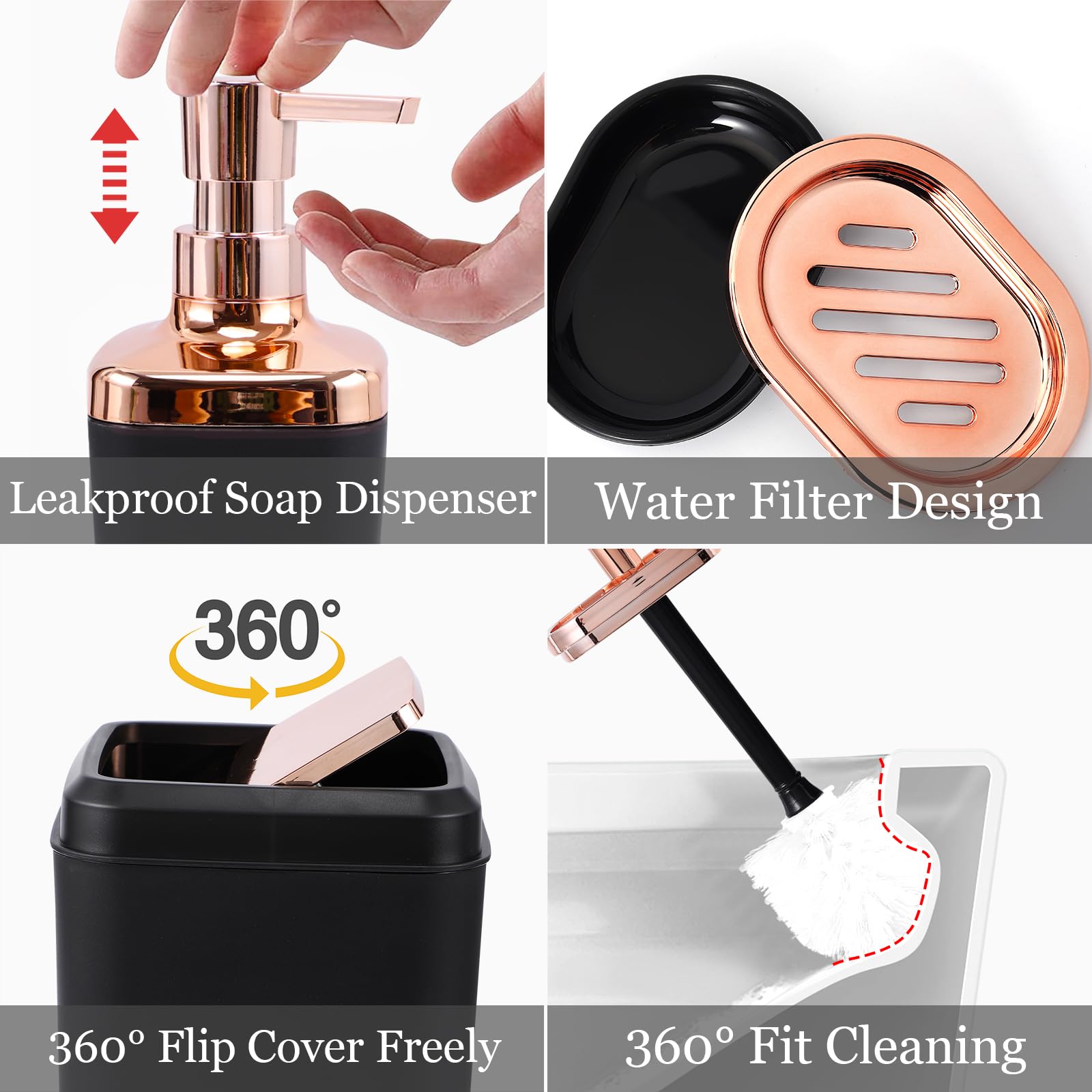 Black Bathroom Accessories Sets Complete, 9-Piece Bathroom Accessory Set With Trash Can, Vanity Tray, Soap Dispenser, Soap Dish,