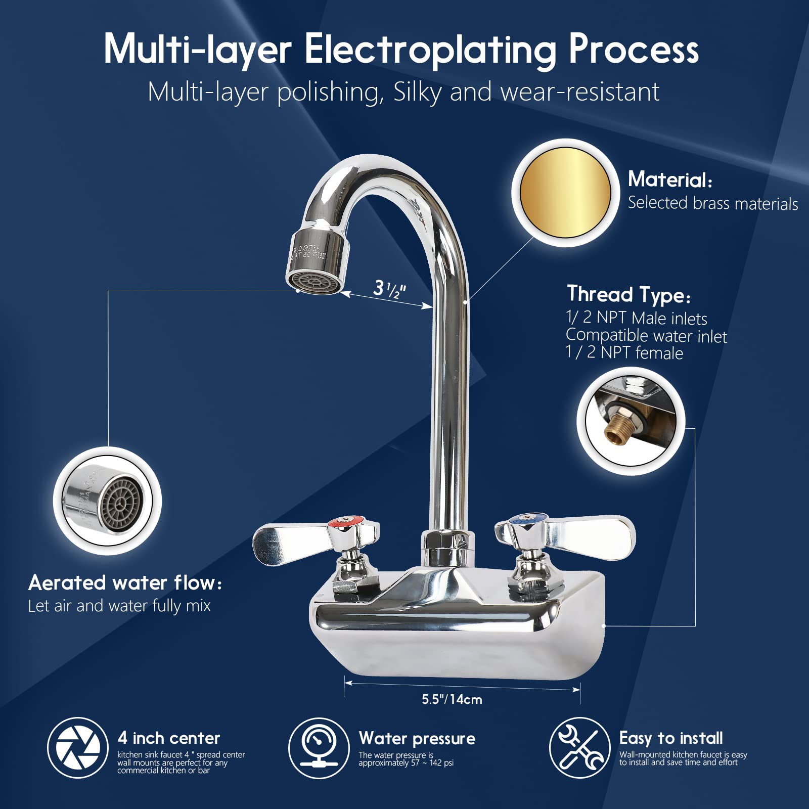 4 Inch Center Commercial Sink Faucet Wall Mount Kitchen Hand Sink Faucet, 1/2'' Npt Male Inlet, Brass Constructed & Chrome Polis