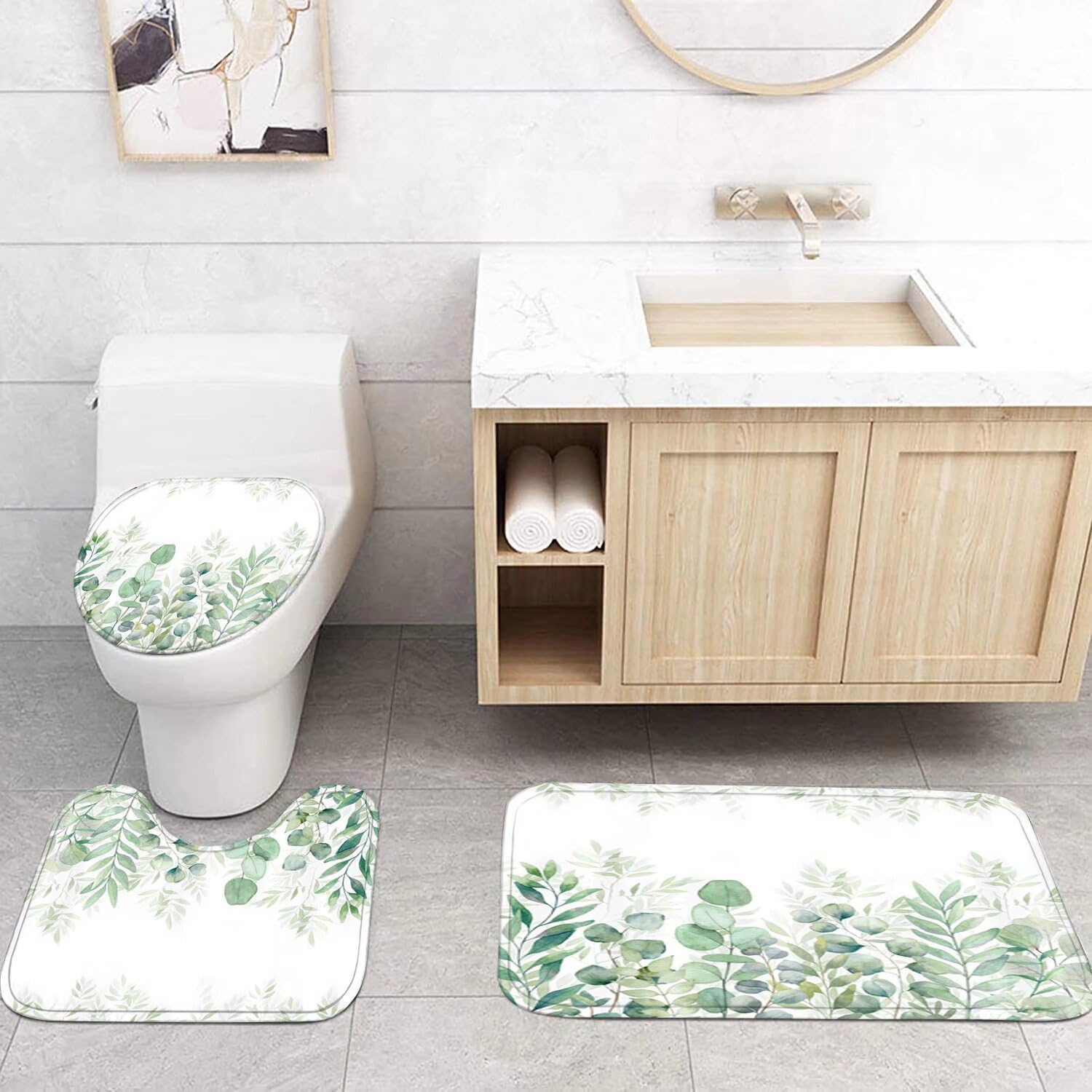 Ddqq Green Leaves Shower Curtain Sets With Non-Slip Rug, Toilet Lid Cover And Bath Mat, Plant Leaves Shower Curtain Sets With 12