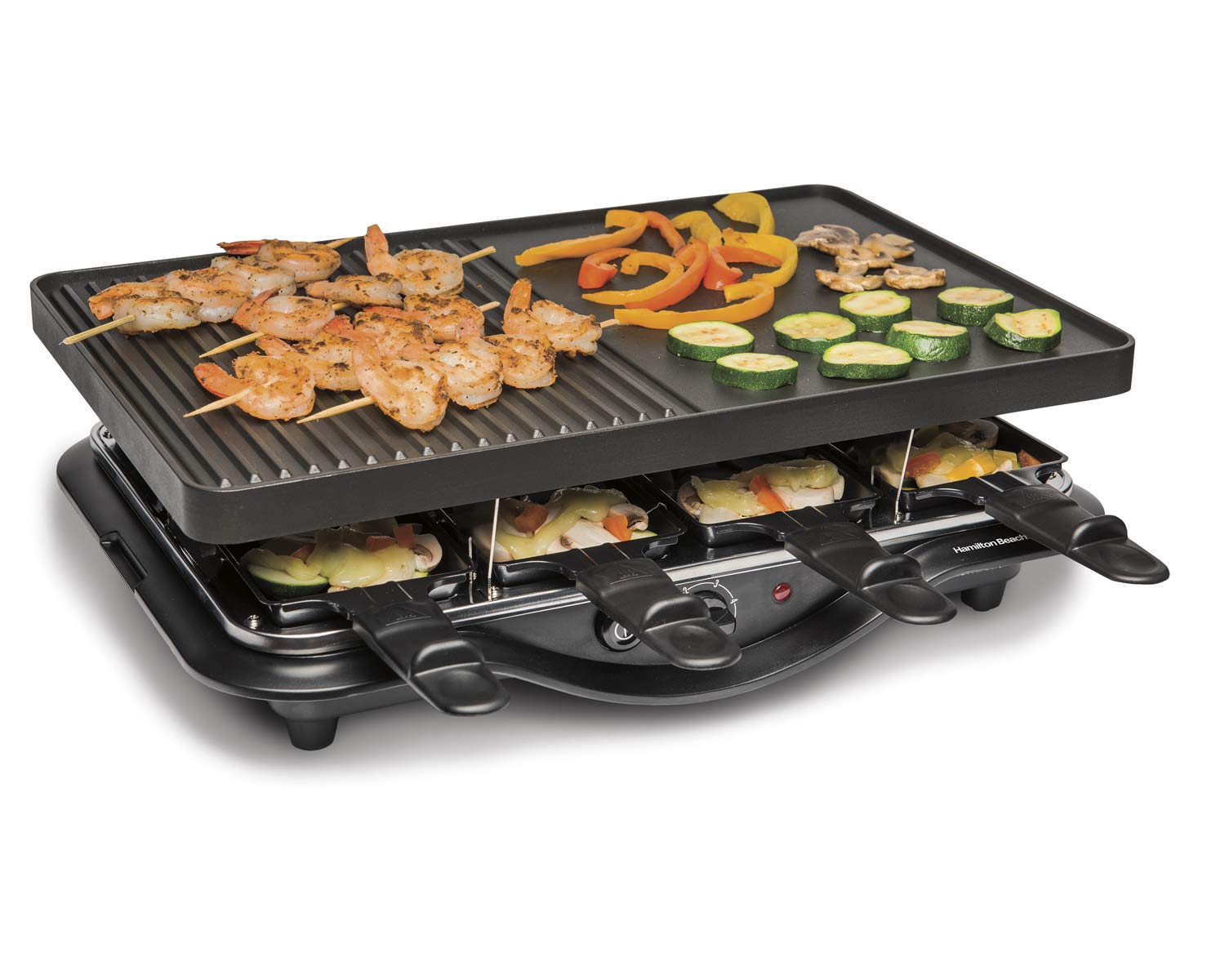 Hamilton Beach Electric Indoor Raclette Table Grill, 200 sq. in. Nonstick Griddle Serves up to 8 People for Parties and Family F