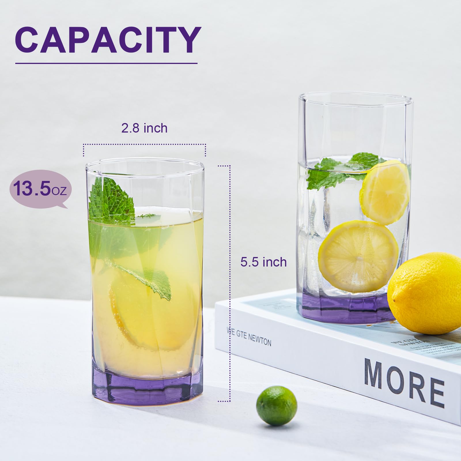 Creativeland Geometric Shapes Glass Drinking Glasses Set Of 6, 13.5 Oz Solid Purple Color Glass Tumbler Glassware For Water, Jui