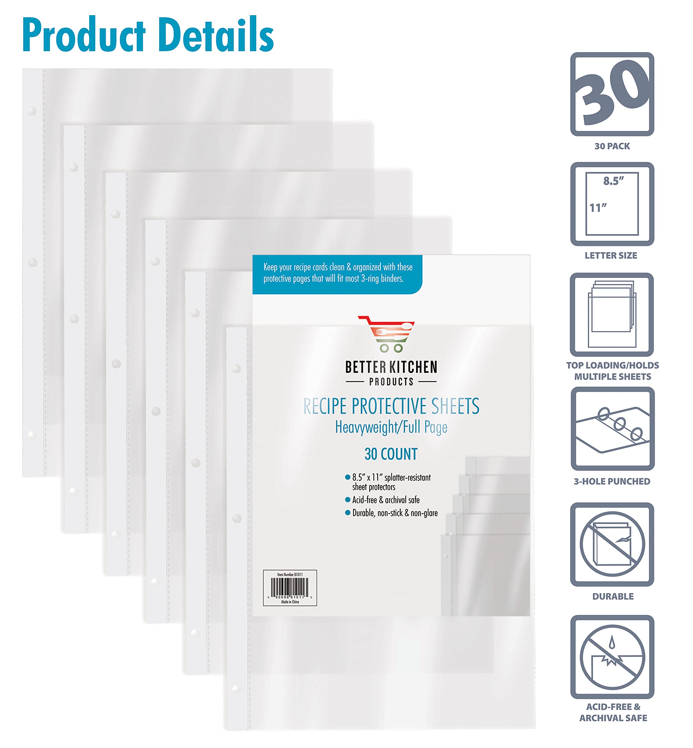 Recipe Sheet Protectors Full Page  8.5 x 11 inch  30 Pack  Heavyweight  Top Load  by Better Kitchen Products  Page Protector Binder Sheets  3-Hole Punched  for Recipe Binders  30 Pack
