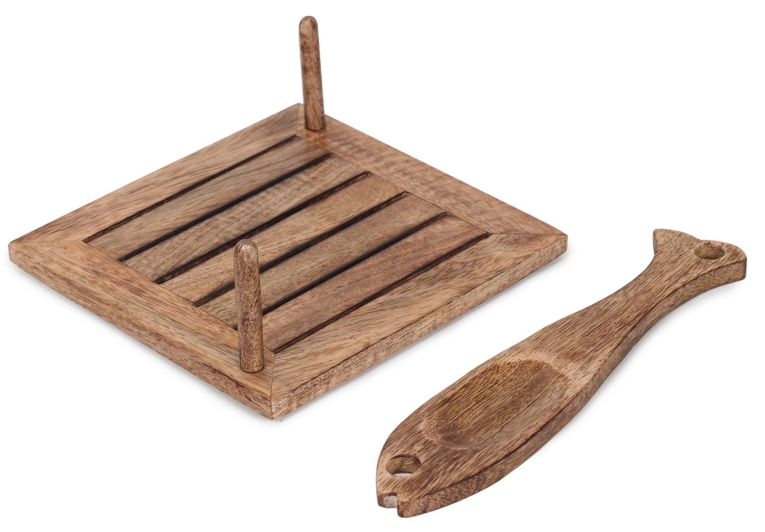 Etroves Wooden Napkin Holder Flat Tray Weighted Fish Shape Bar On Top With Toothpick Holder