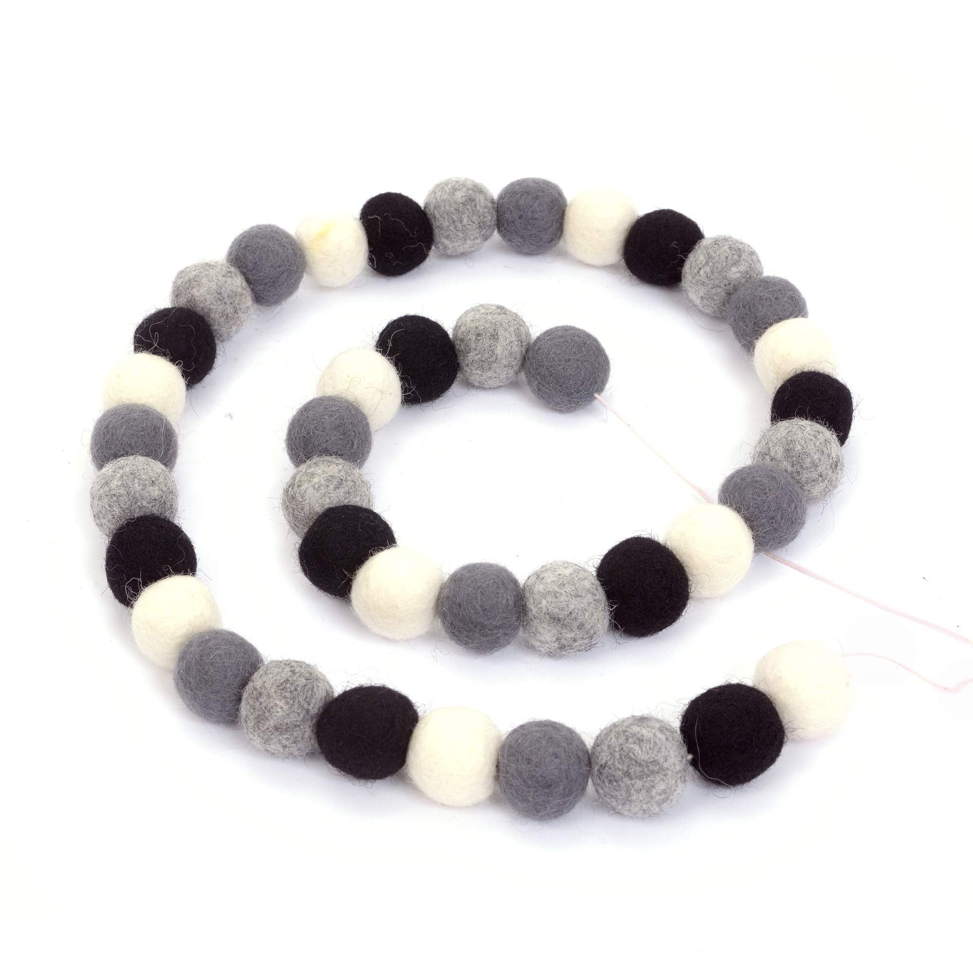 Glaciart One Pom Pom Garland - 9 Feet, 40 Balls, 4 Colors, Wool Felt Balls, Round Shape, Black