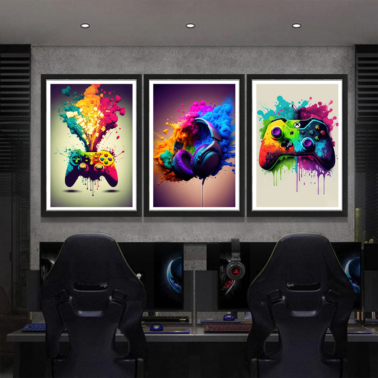 Game Room Decorative Wall Art Color Video Game Handle Earphone Graffiti Theme Poster Neon Light Poster Print Picture Children Yo