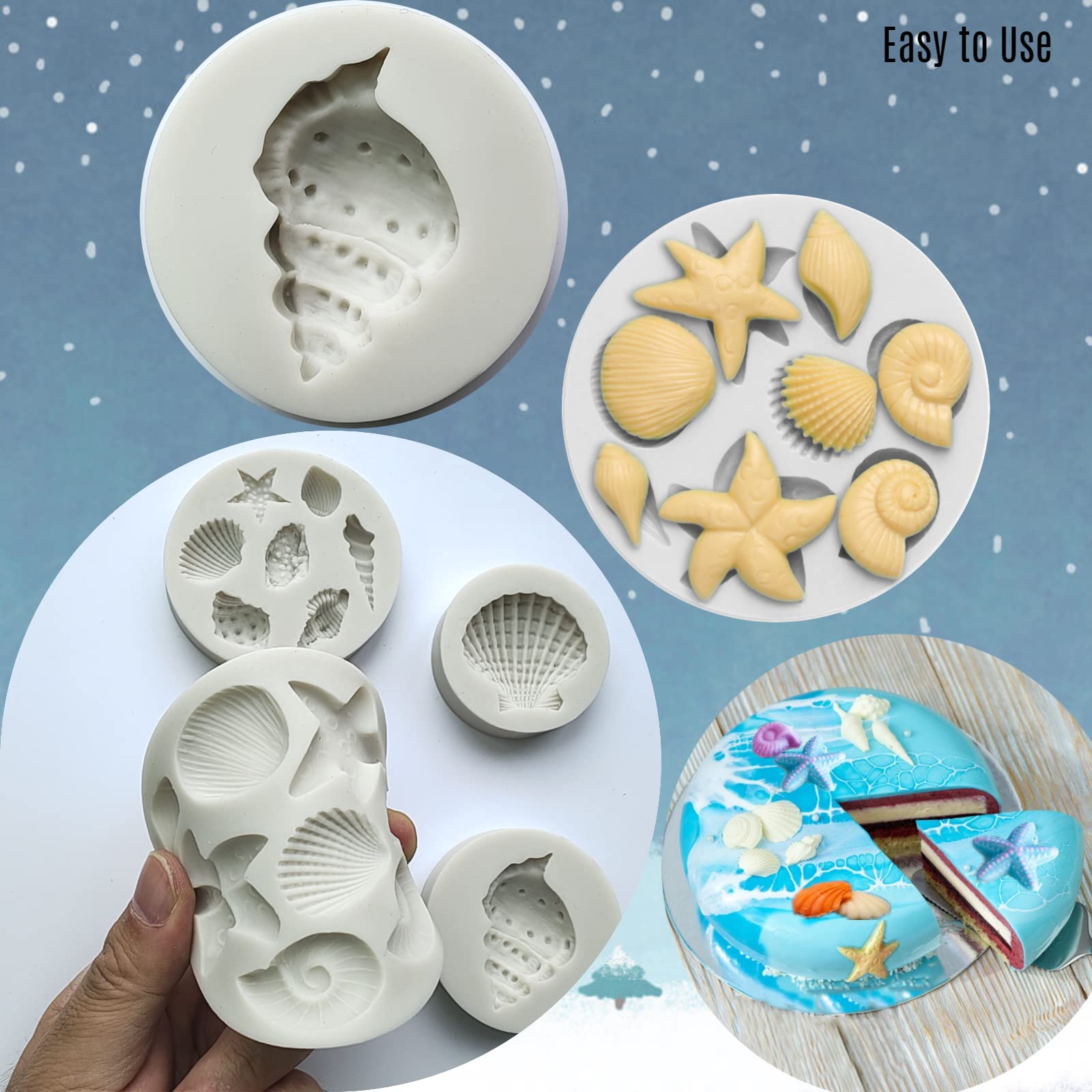 4 Pcs Marine Fondant Silicone Molds,Starfish,Conch,Seashells Silicone Cake Fondant Molds,Chocolate Candy Baking Tool,For Cookie