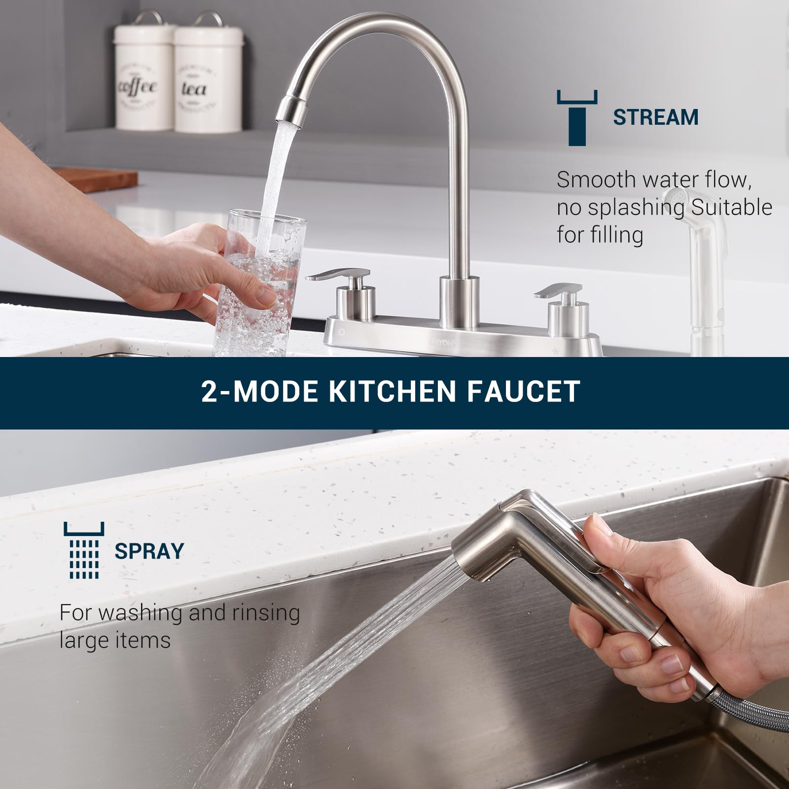 Dayone Kitchen Faucet With Side Sprayer 2 Handle Brushed Nickel, 8 Inches 4 Holes Centerset Kitchen Sink Faucet, Pull Out Stainl
