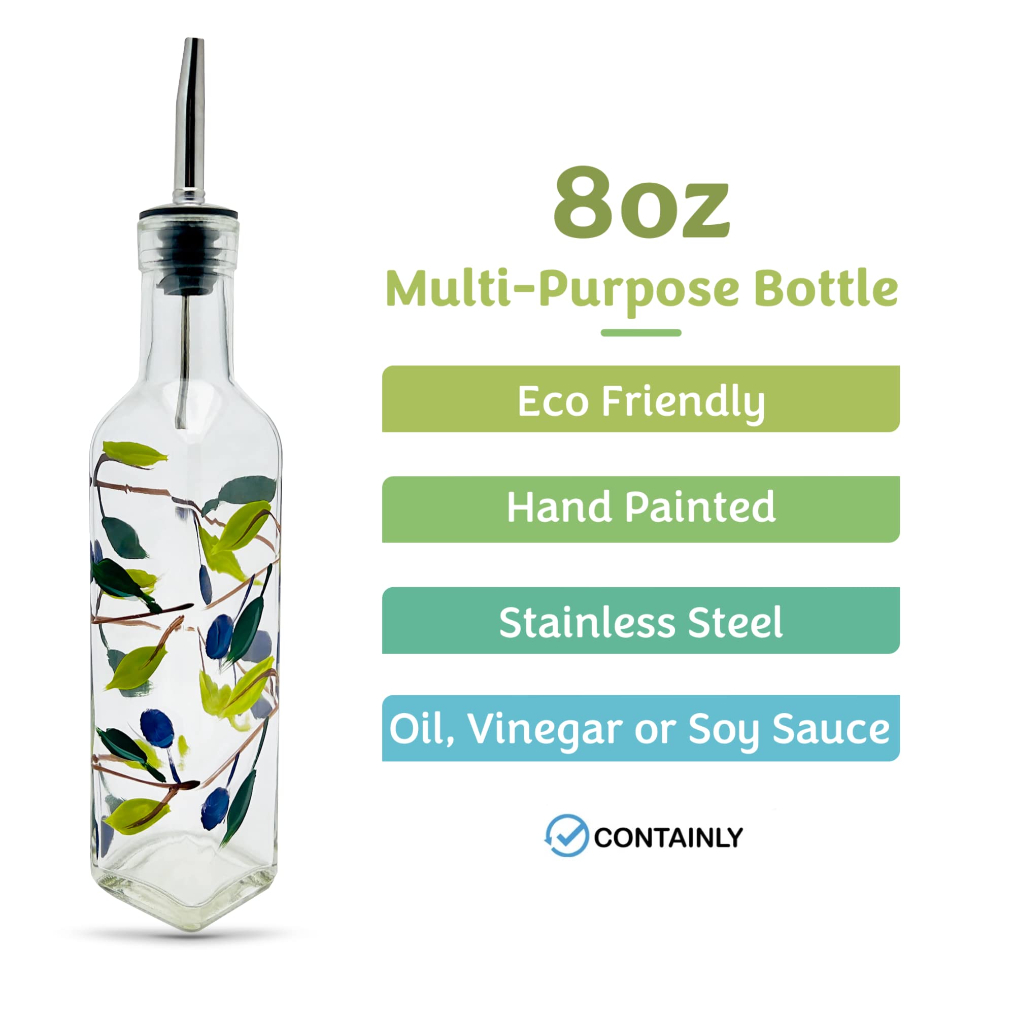 Containly Glass Olive Branch Oil/Vinegar Glass Cruet For Kitchen, 8 Oz Olive Oil Dispenser With Stainless Steel Spout For Easy P