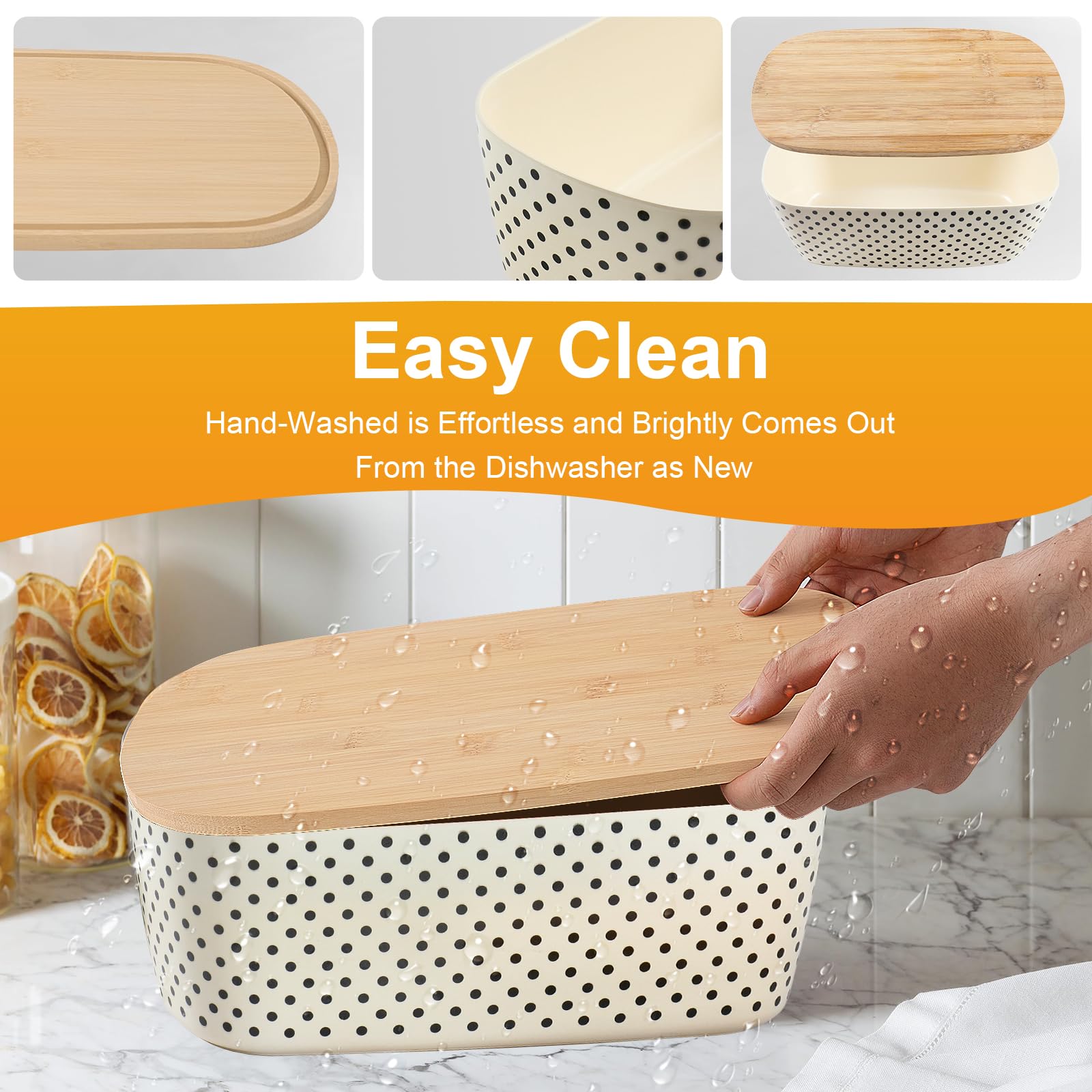 Nomotruc Bamboo Fiber Bread Box with Cutting Board Lid, Polka Dot, 14.4x8.3x4.7 in, Model NMTC-BB01-PT, Kitchen Counter