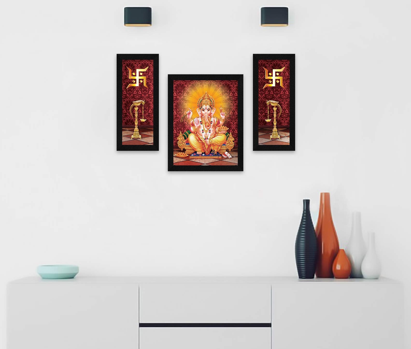 ArtX Paper God Ganesh Ji Swastika Photo Frame Wall Art Painting, Multicolor, Traditional, 13.0 X 22.0 Inches in, Set of 3