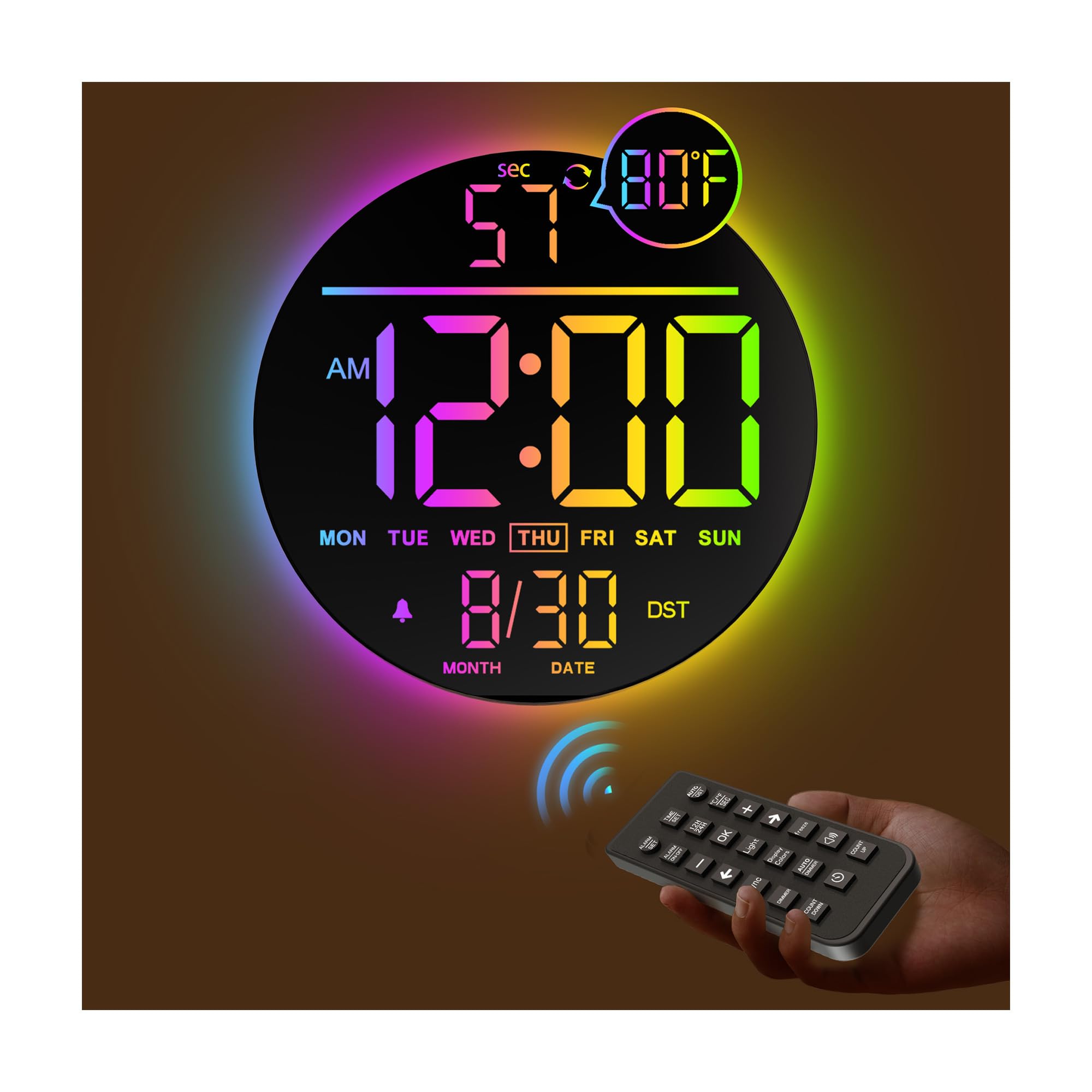 JALL 10 Large Digital Wall Clock with Seconds, Alarm Countdown Timer, Big LED Display, RGB Color, DST, Temperature, Mounted for 