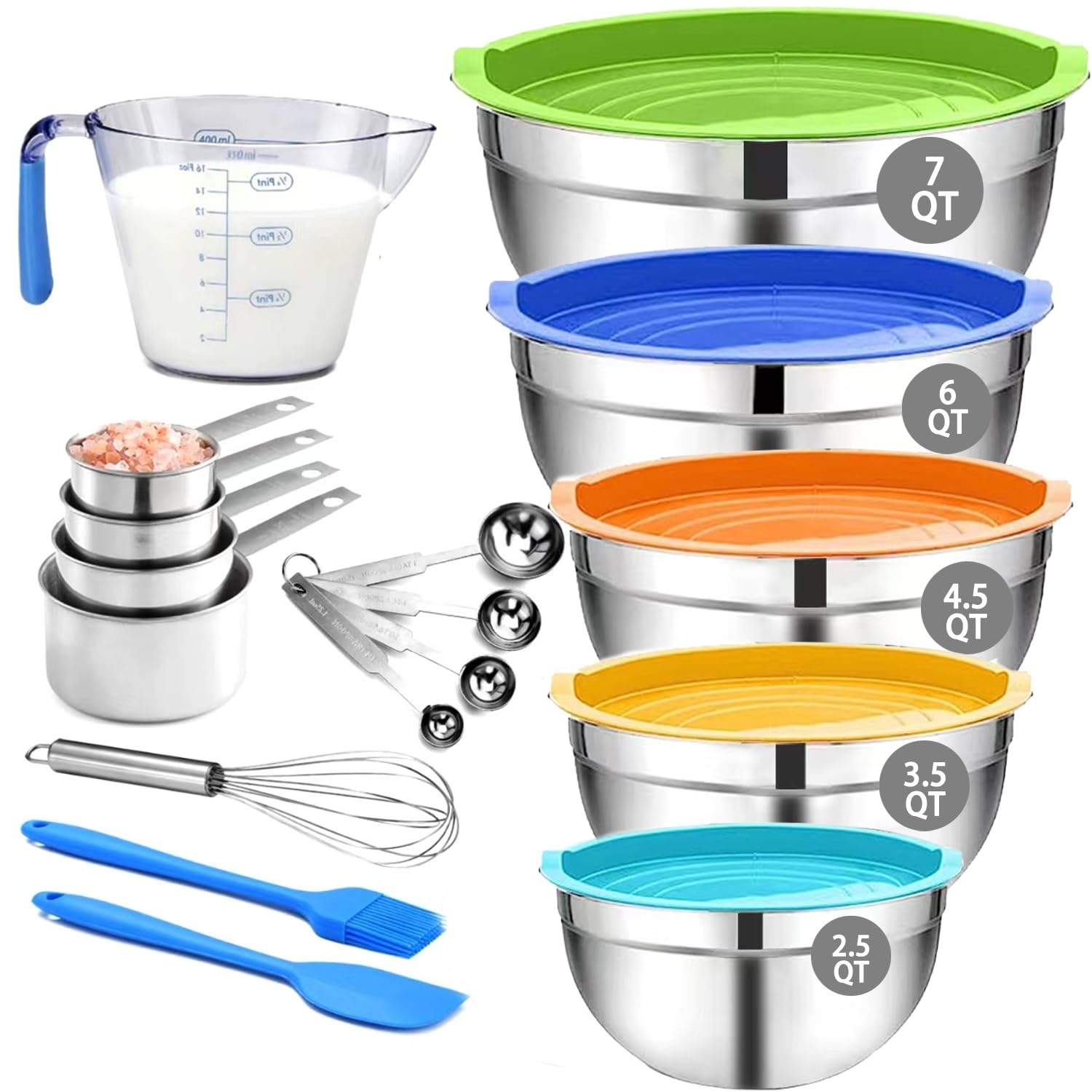 Mikula Mixing Bowls, Mixing Bowl Set With Lids, 22Pcs Large Stainless Steel Mixing Bowls & 400Ml Measuring Cups Spoons Storage N