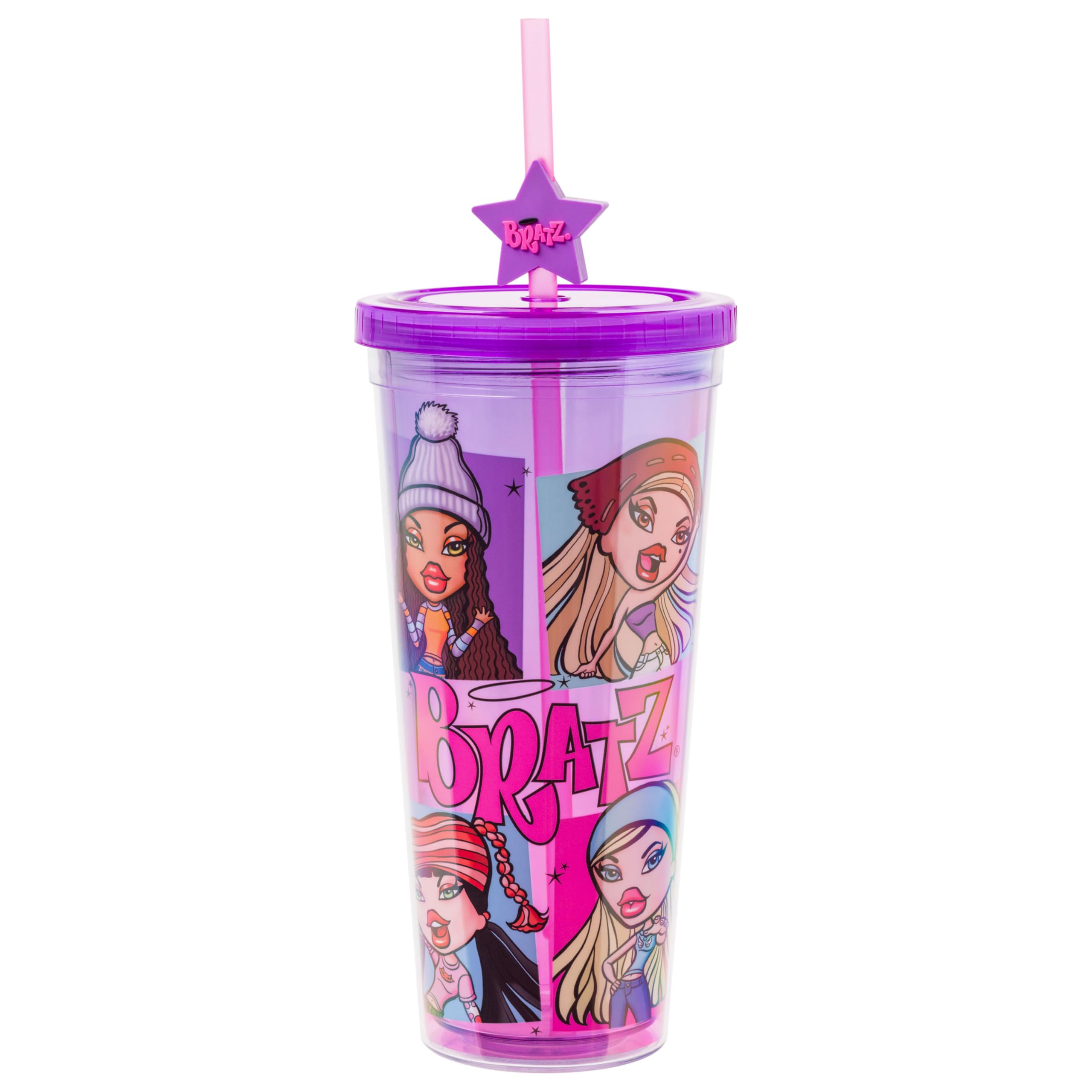 Silver Buffalo Bratz Dolls Featuring Cloe, Yasmin, Jade, and Sasha Pink and Purple Plastic Cold Cup with Lid and Straw Topper, 2
