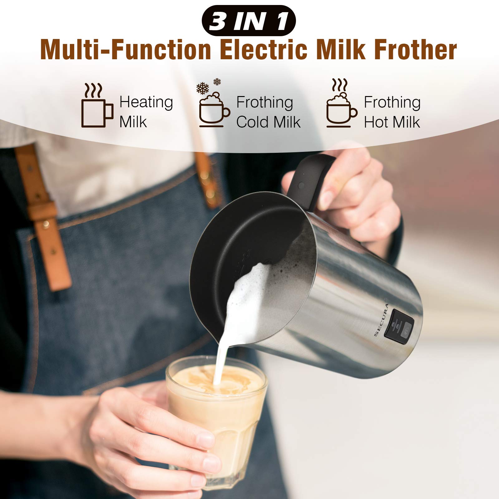 Secura Milk Frother, Electric Milk Steamer Stainless Steel, 16.9Oz/500Ml Automatic Hot And Cold Foam Maker And Milk Warmer For L