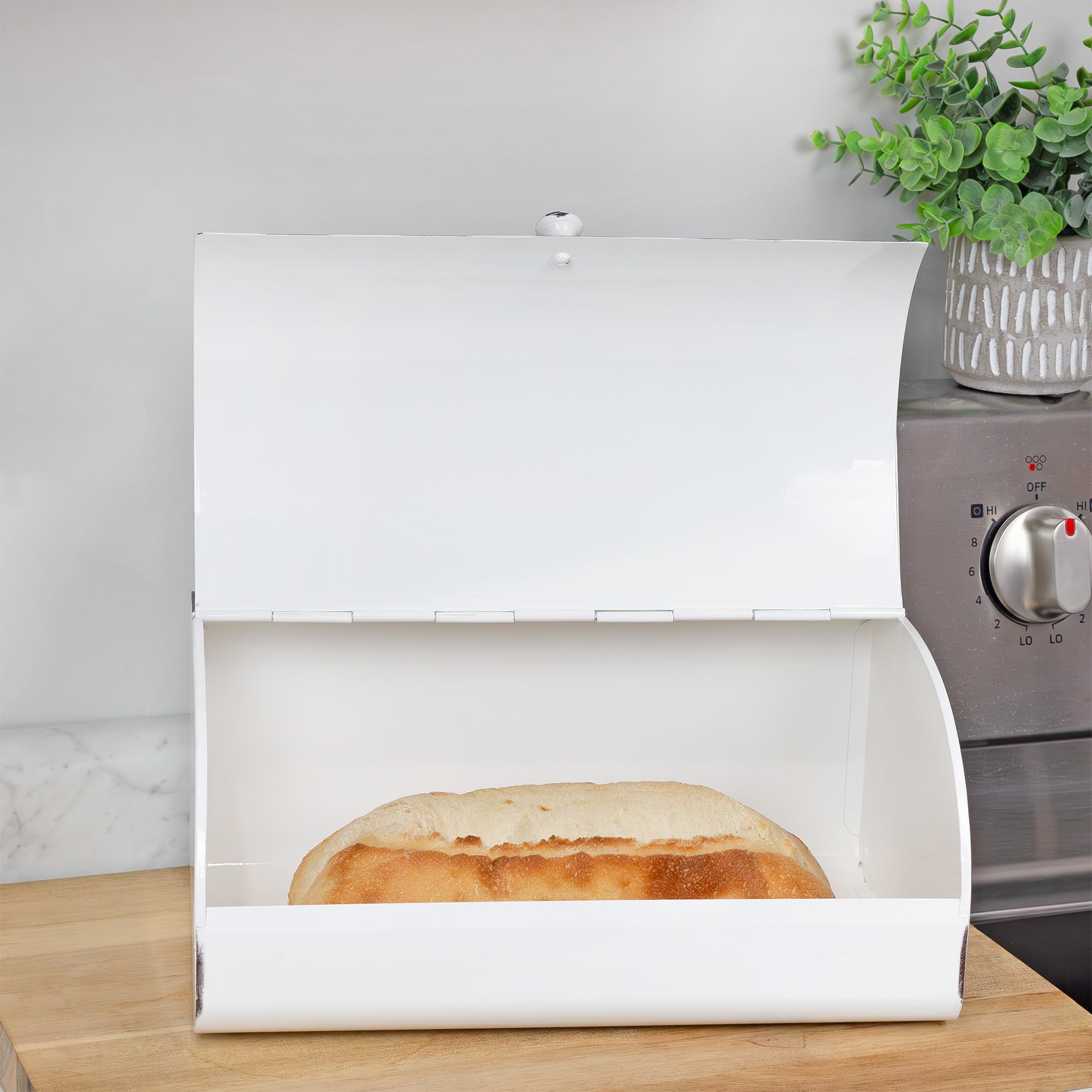 AuldHome Design Rustic White Bread Box - Vintage Enamelware Countertop Bin, Regular Size, Alloy Steel