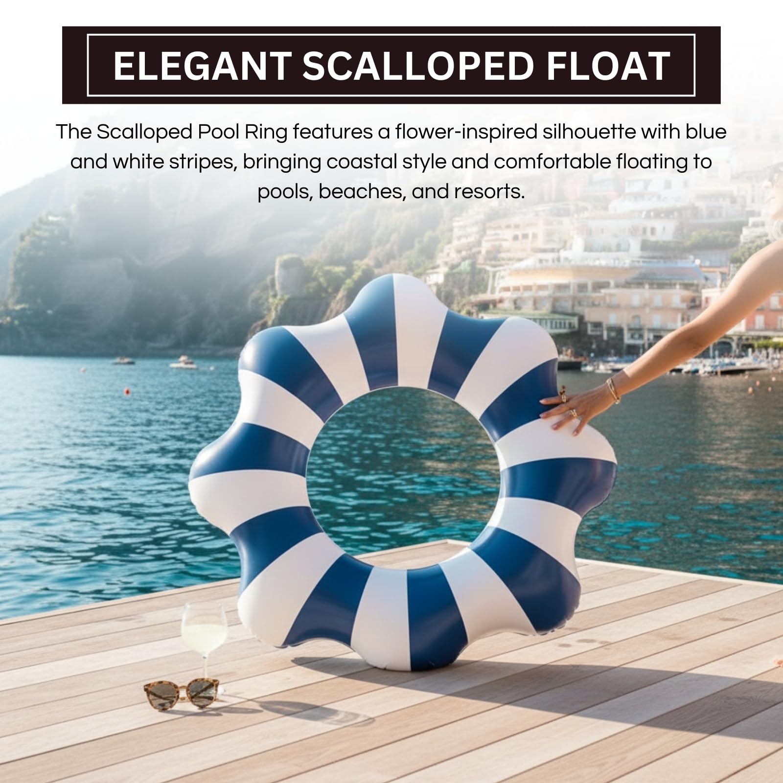 Amalfi Scalloped Inflatable Tube Pool Float Ring - Blue & White