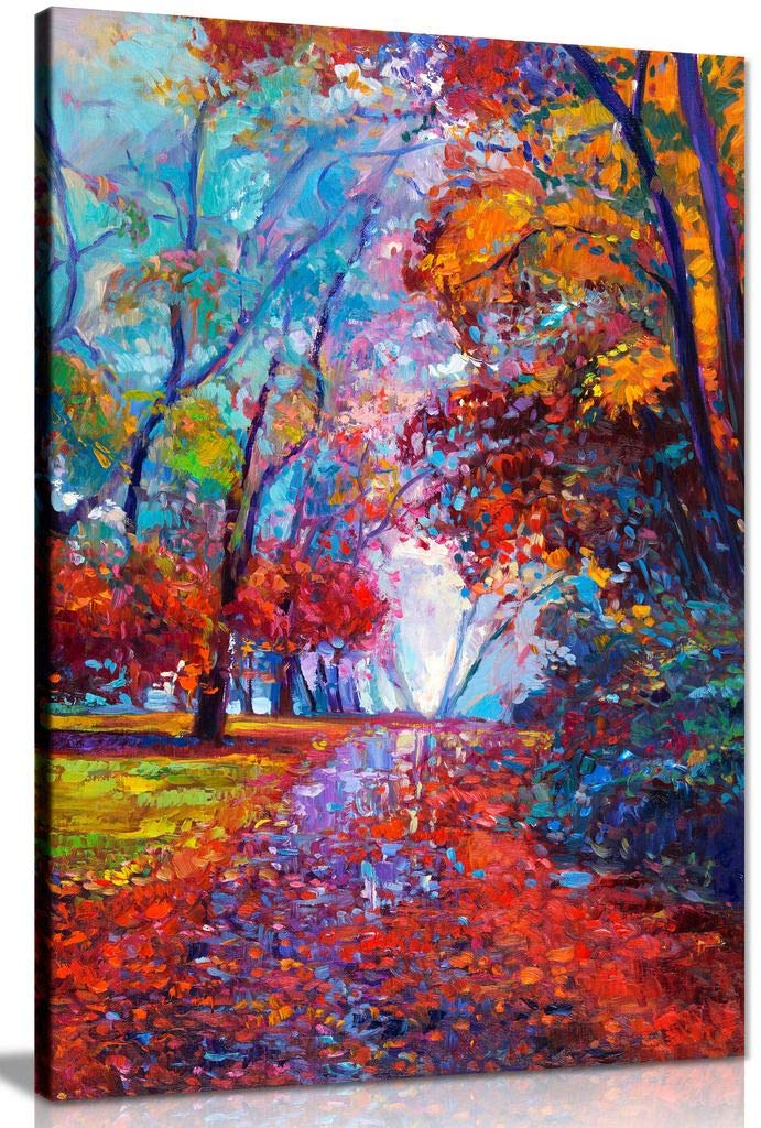 Abstract Contemporary Painting Autumn Forest Canvas Wall Art Picture Print (24X16In)