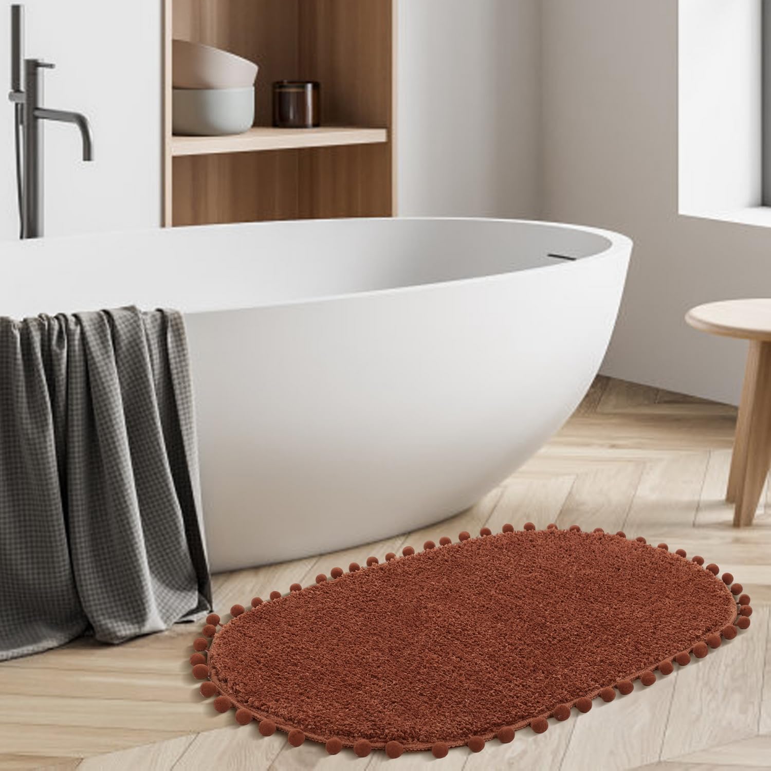 Yirddeo Terracotta Pom Bath Rug For Bathroom Non Slip, Cute Boho Pom Oval Absorbent Shower Mat, Plush Soft Washable Rug (20X30 I